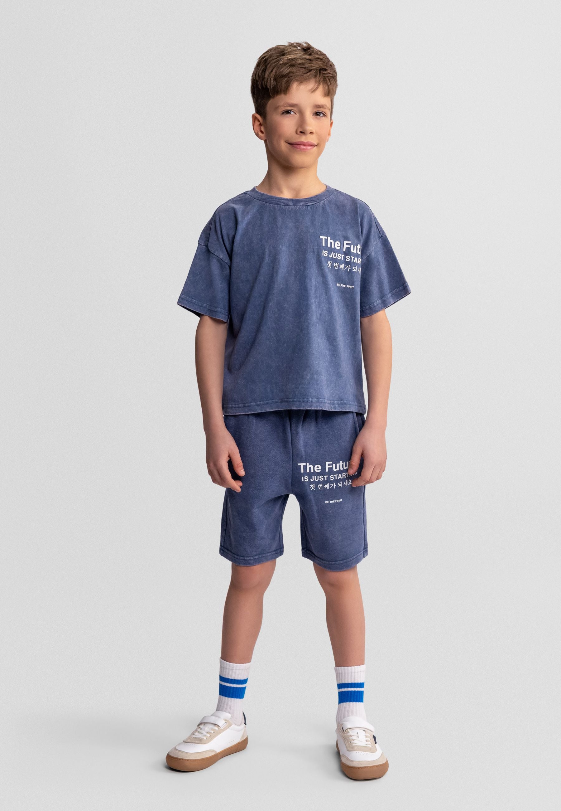 T-Shirt and Shorts Set, Acid Wash Blue, Slogan Print - 1
