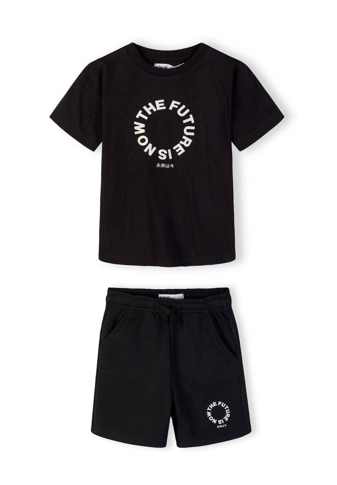 Boys black cotton t-shirt and shorts set, front view, features printed design.