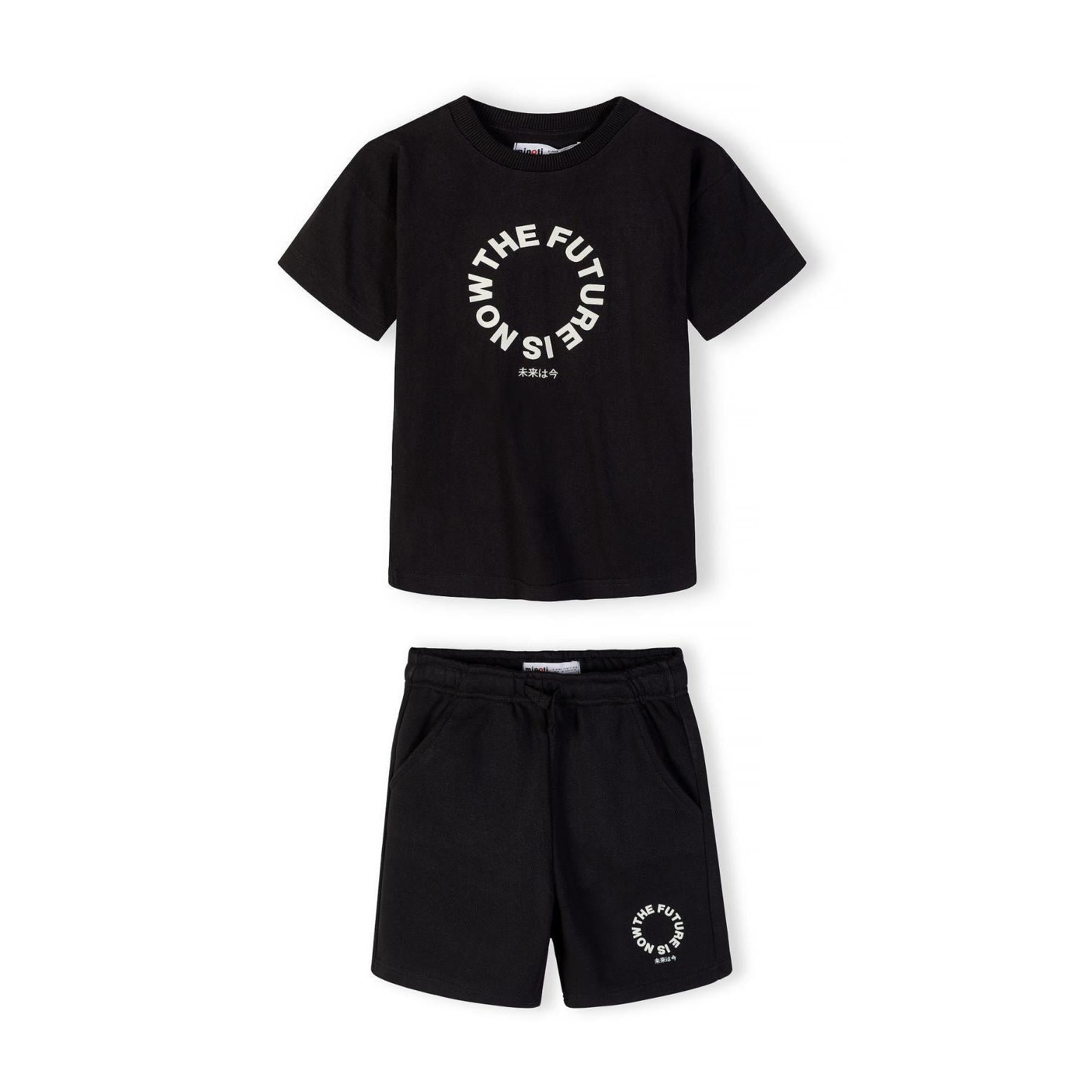 Back view of black t-shirt showing The Future is Now circular print design with Japanese characters underneath on white background