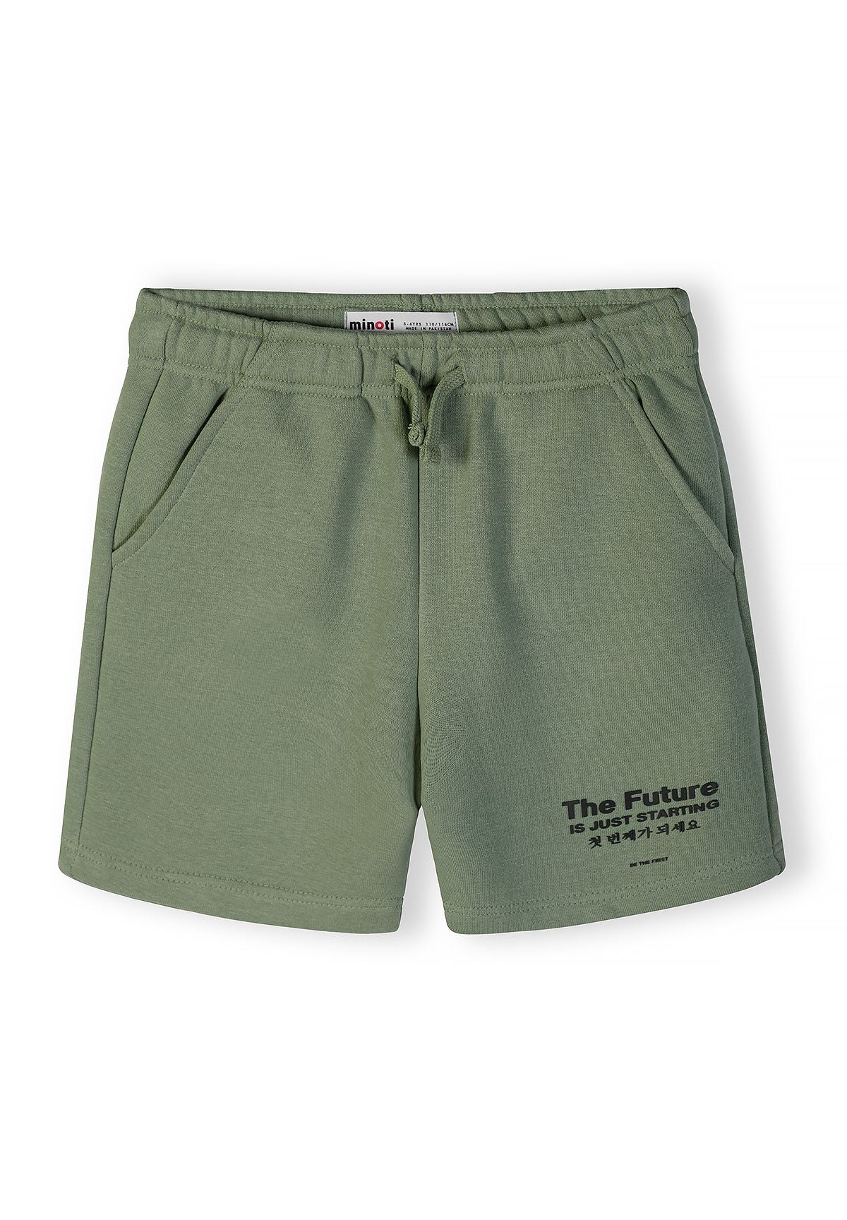 Detail of olive shorts with elasticated waistband and side pockets.