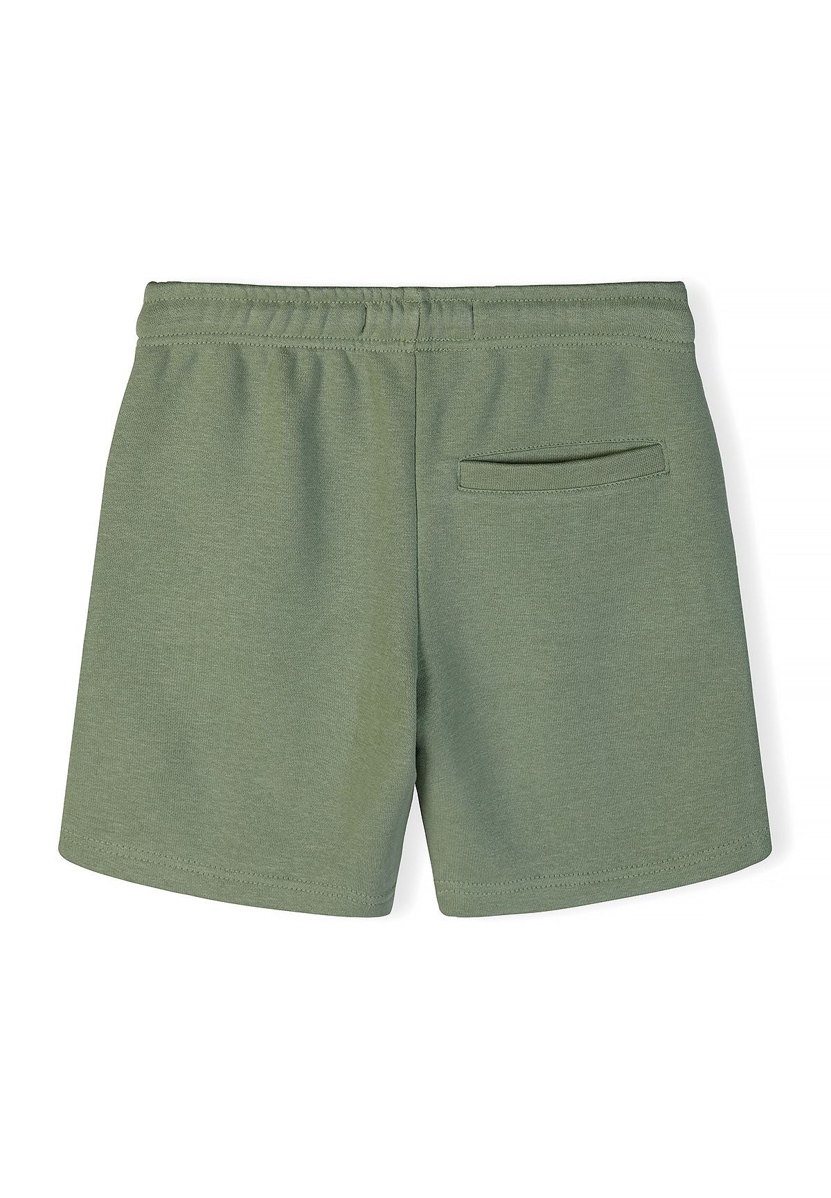 Back view of olive shorts with elasticated waistband and a single back pocket.