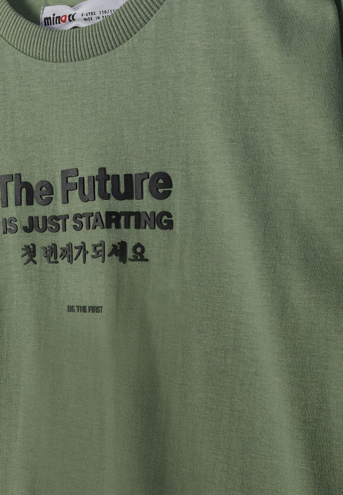 T-Shirt and Shorts Set, Slogan Print, Olive Green - 6