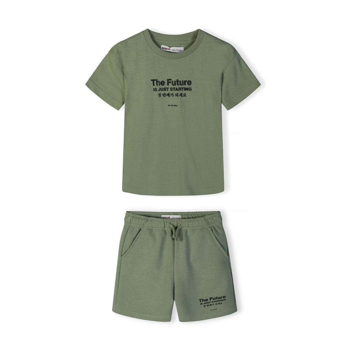 Boys' t-shirt and shorts set in olive green — complete product view for square Shop card