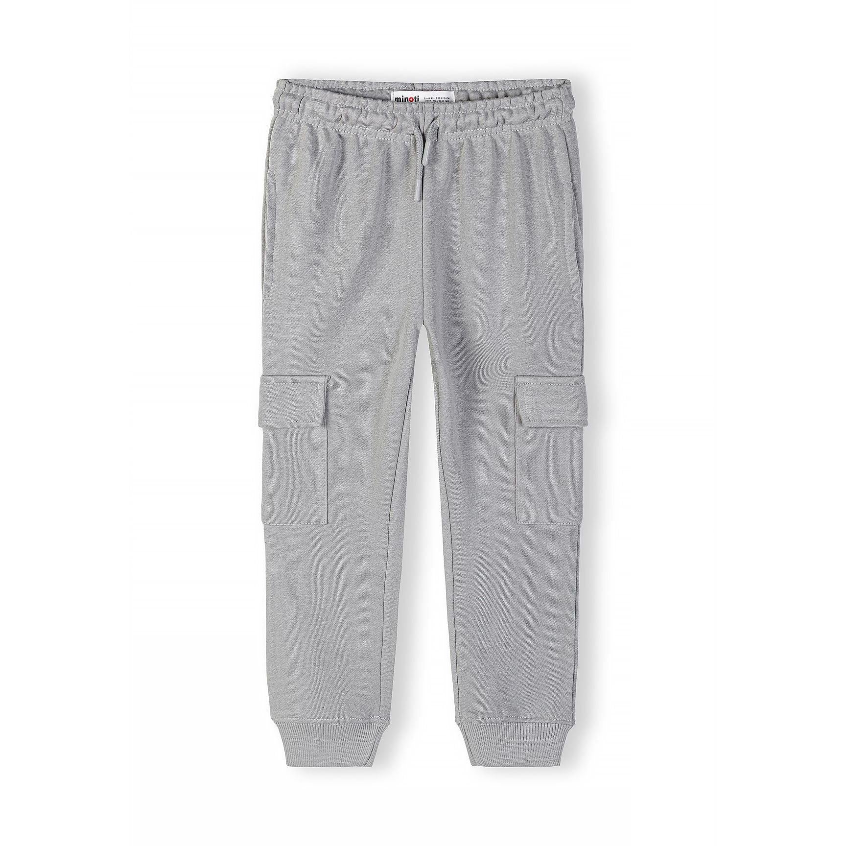 Single grey cargo jogger laid flat showing front view with cargo pockets, drawstring waistband and ribbed cuffs on white background