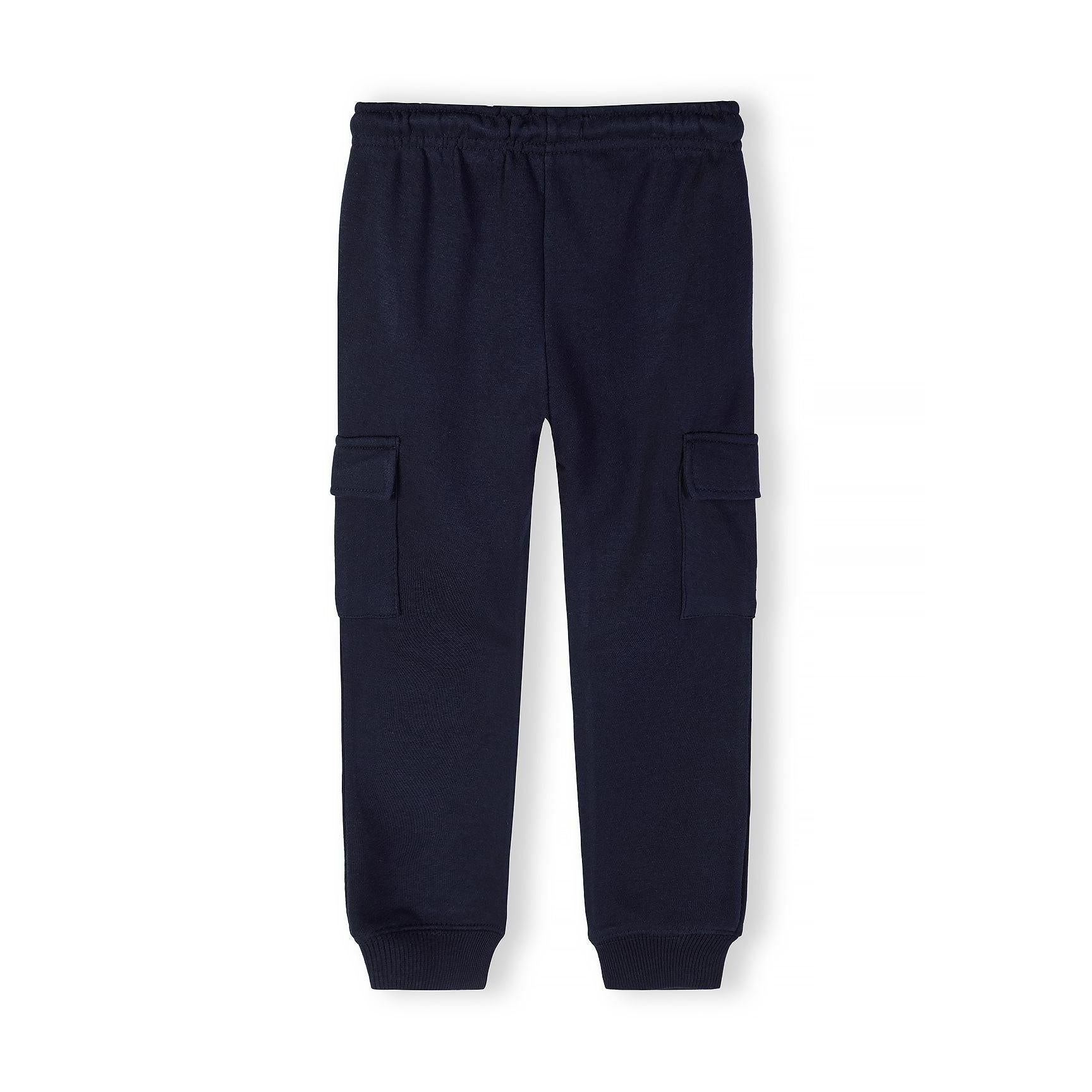 Single grey cargo jogger laid flat showing front view with cargo pockets, drawstring waistband and ribbed cuffs on white background