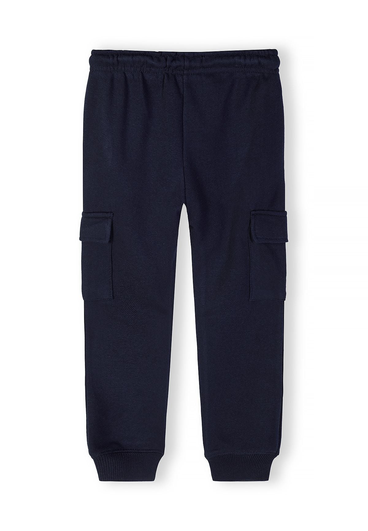 Boys slim cargo joggers in navy with adjustable waist and cargo pockets, front view.