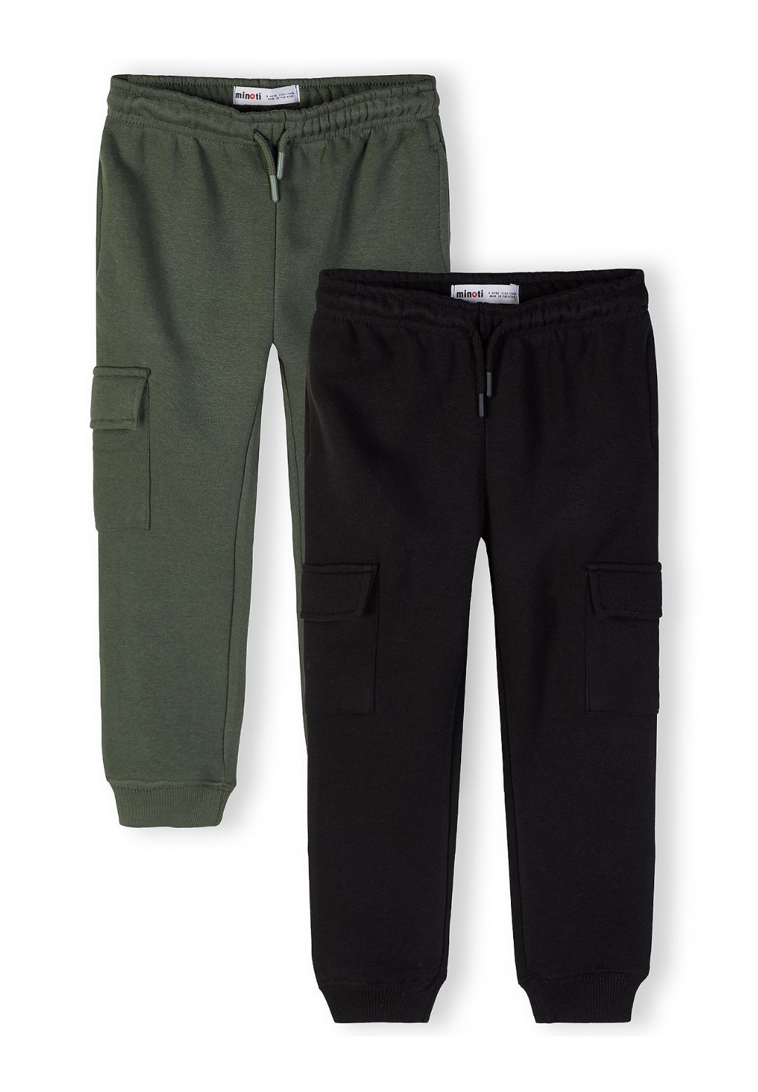2-pack boys cargo joggers in khaki and black, featuring elasticated waistband and cargo pockets.