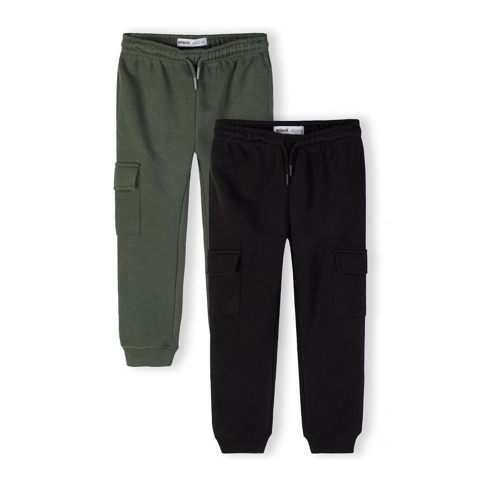 Two cargo joggers laid flat showing khaki and black colors with side cargo pockets and elasticated waistbands on white background