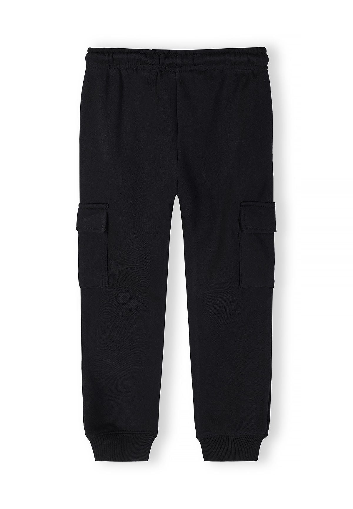 Boys cargo joggers in black, front view with elasticated waistband and cargo pockets.