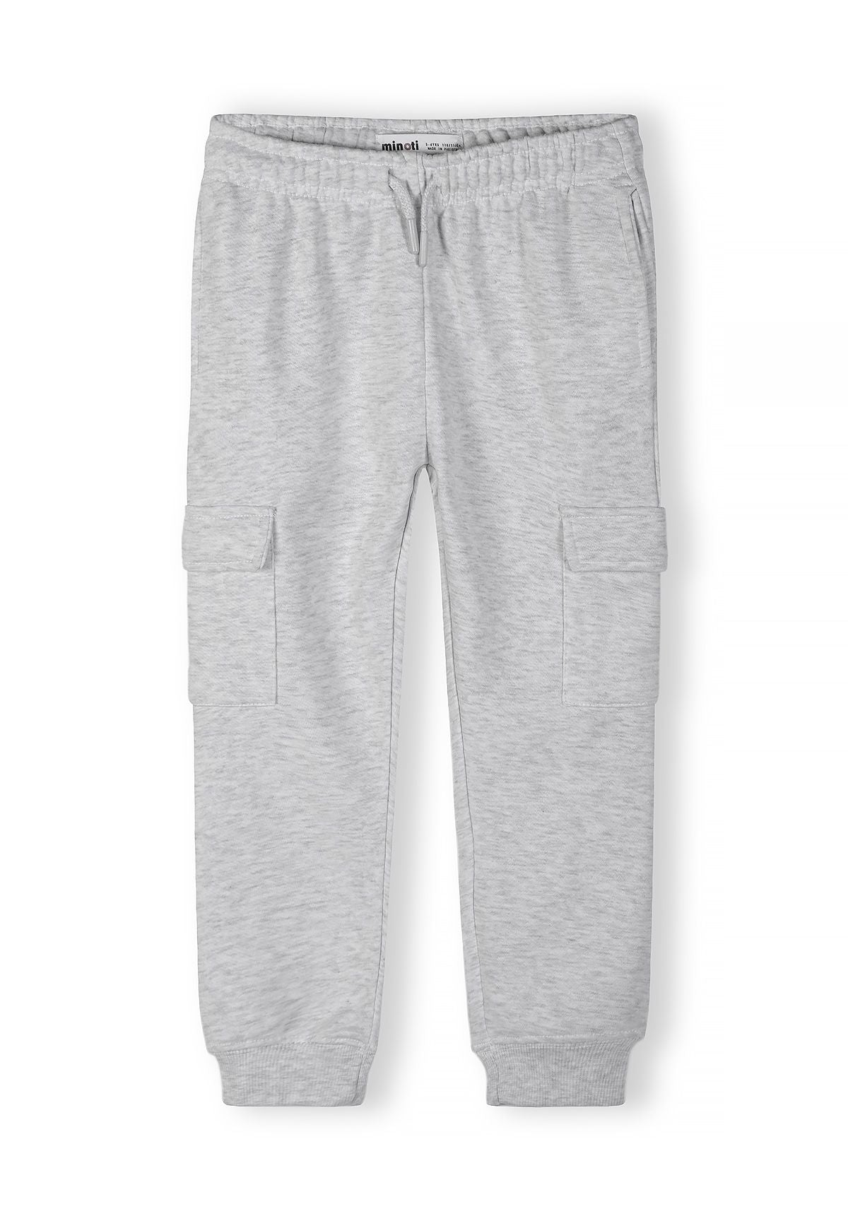 Boys grey cargo joggers with elastic waistband and side pockets, front view.
