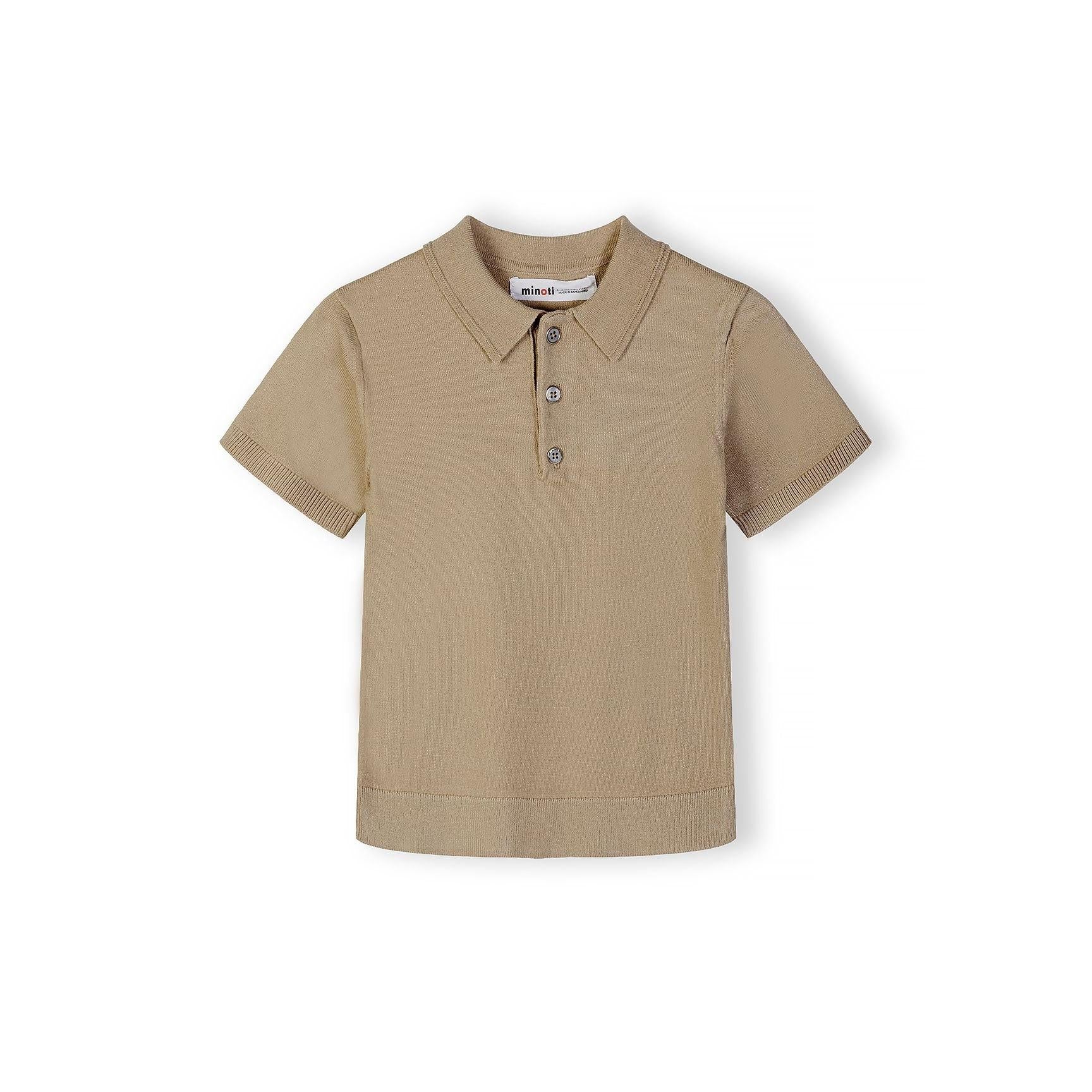 Stone knitted polo shirt for children displayed flat against white background, showing classic collar, three-button placket and short sleeves