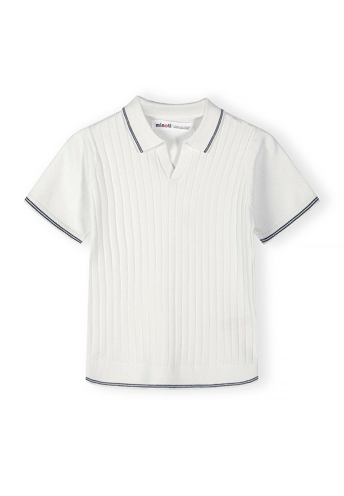 White ribbed knitted polo shirt, front.