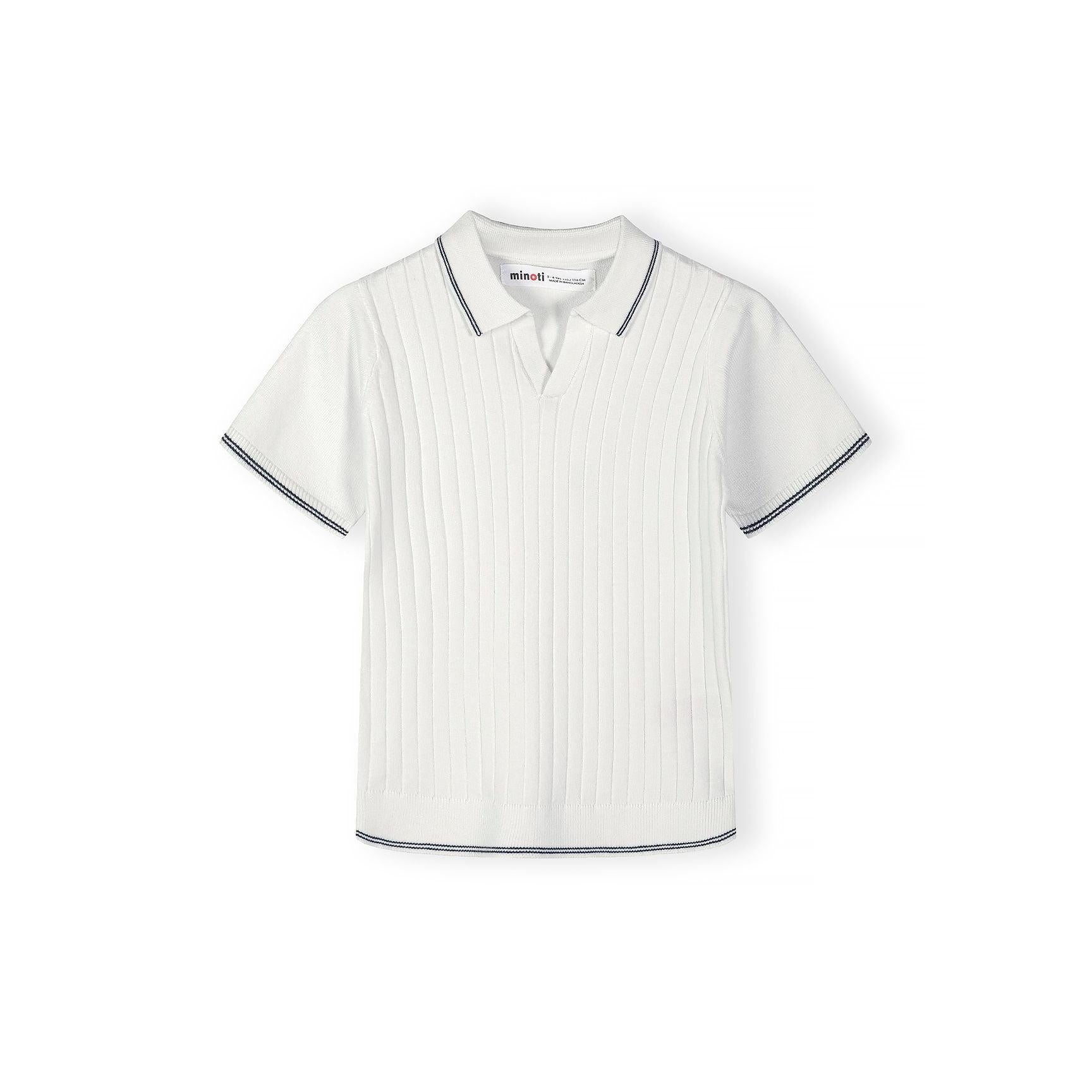 Front view of off white knitted polo shirt with vertical striped texture, classic collar and navy trim details on white background