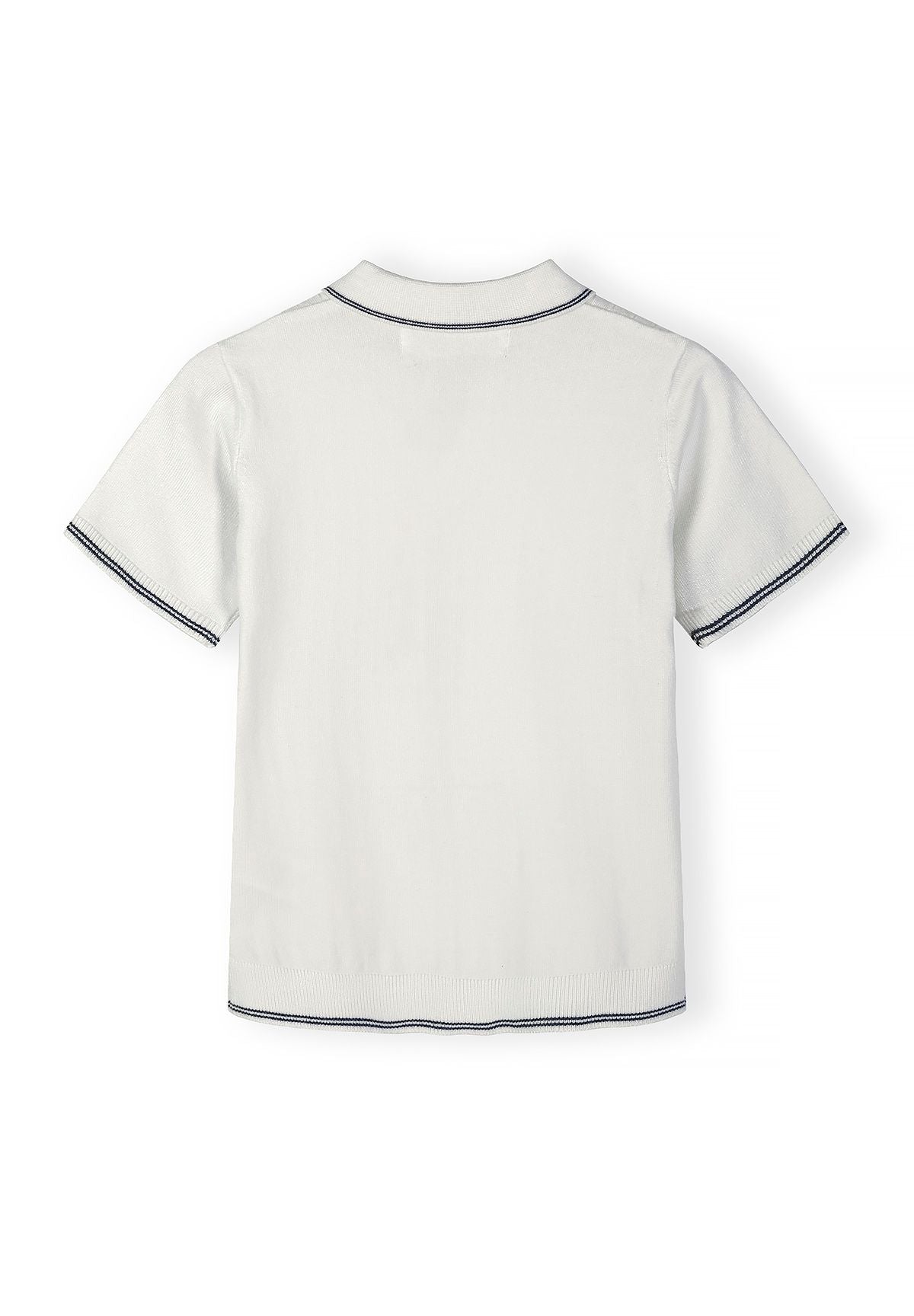 Boys off-white striped polo t-shirt, back view, short sleeves, classic collar.