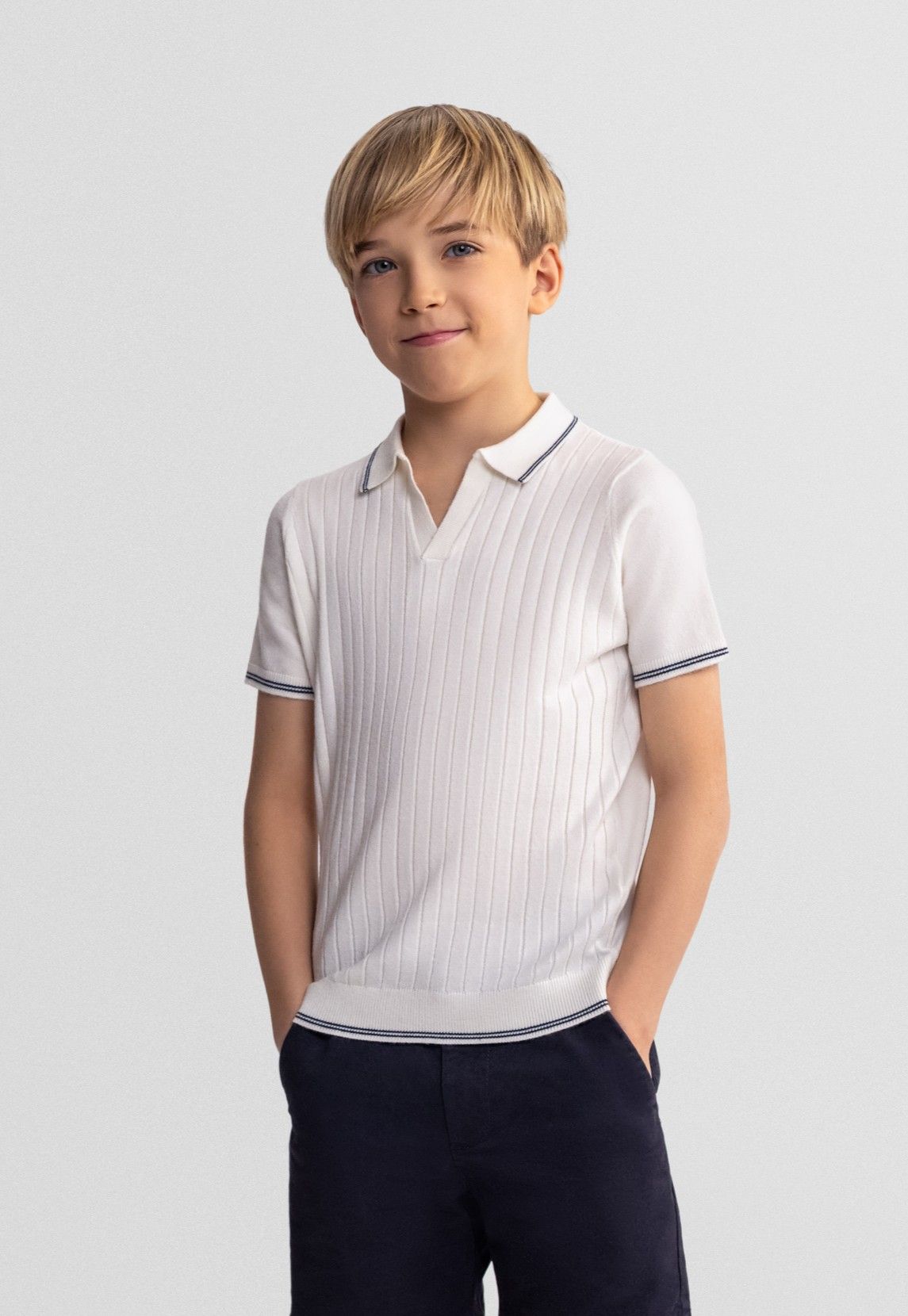 Knitted Polo Shirt, Striped, Off White - 1