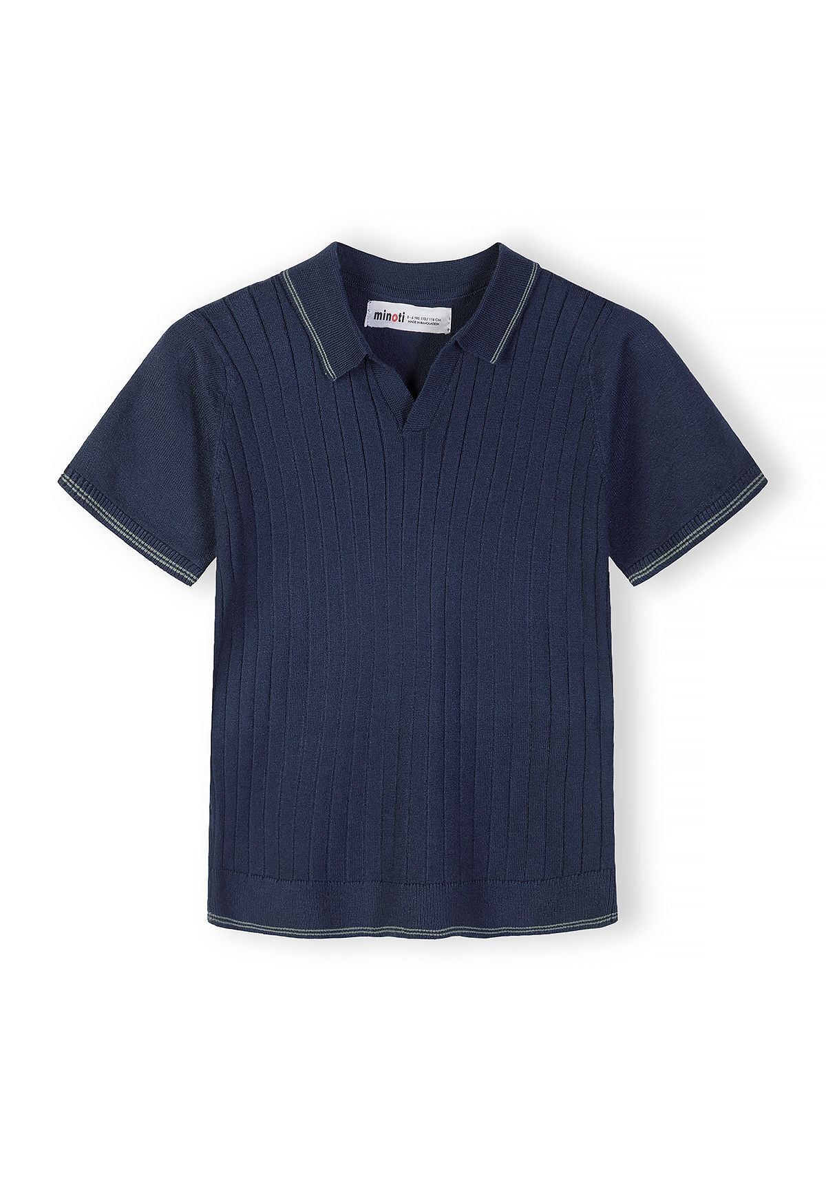 Navy ribbed knitted polo shirt, front.
