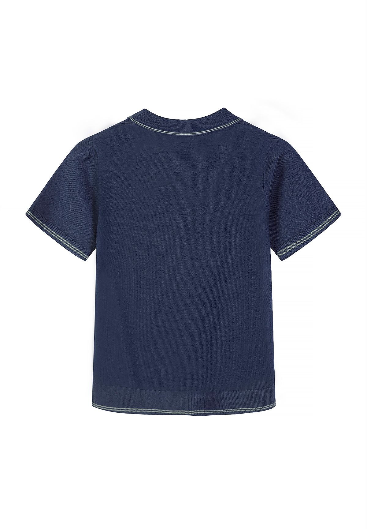 Boys knitted polo shirt in navy blue, back view with short sleeves and classic collar.