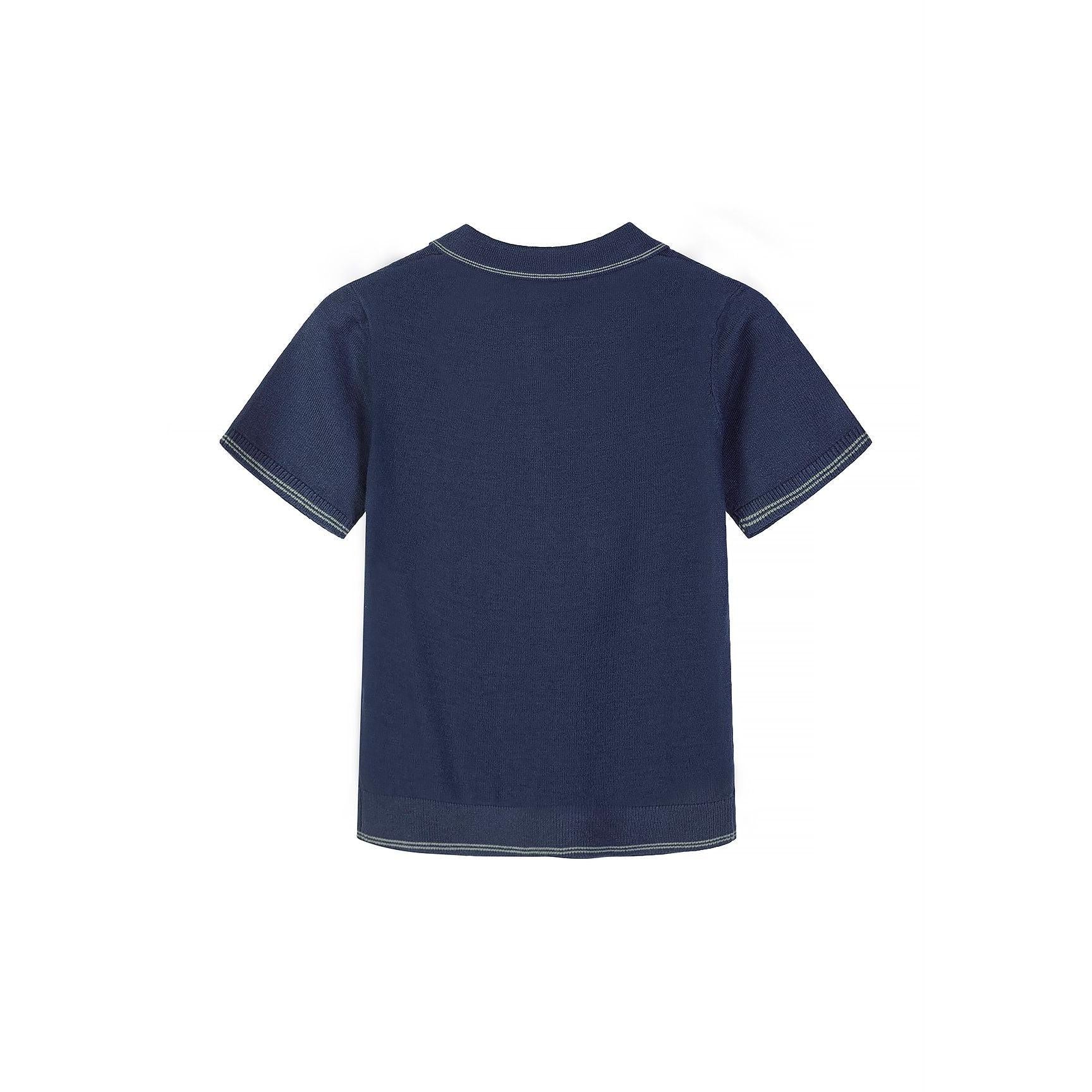 Back view of navy blue knitted polo shirt showing plain ribbed texture and short sleeves on white background