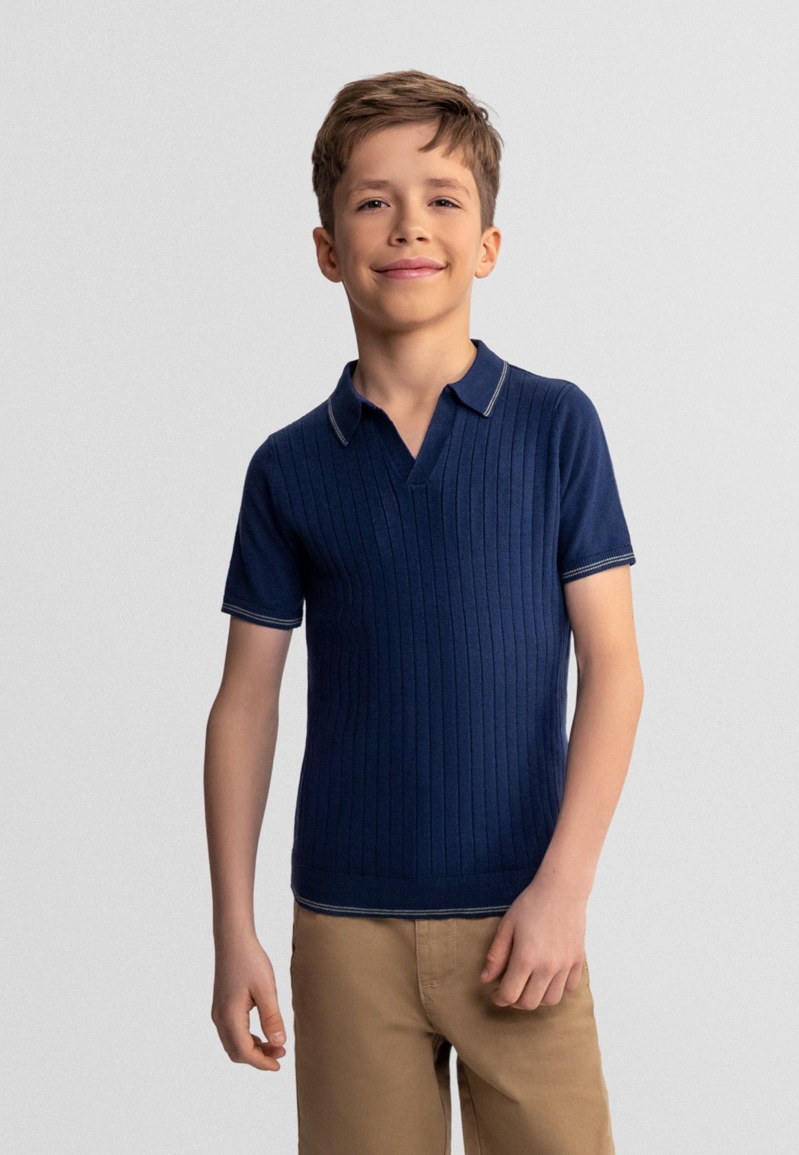 Knitted Polo Shirt, Navy Blue, Striped - 1