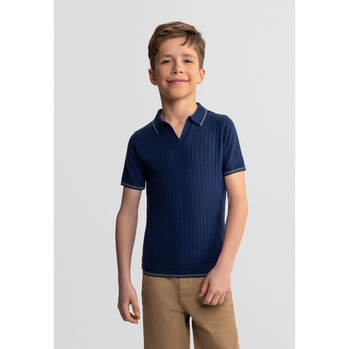 Boys' ribbed knitted polo shirt in navy — complete product view for square Shop card