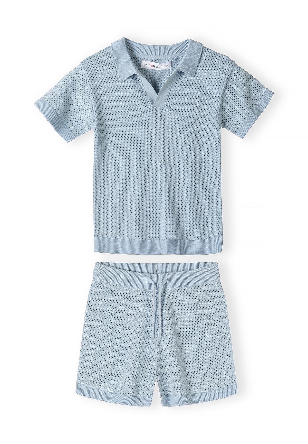 Light blue knitted polo and shorts set, set front.