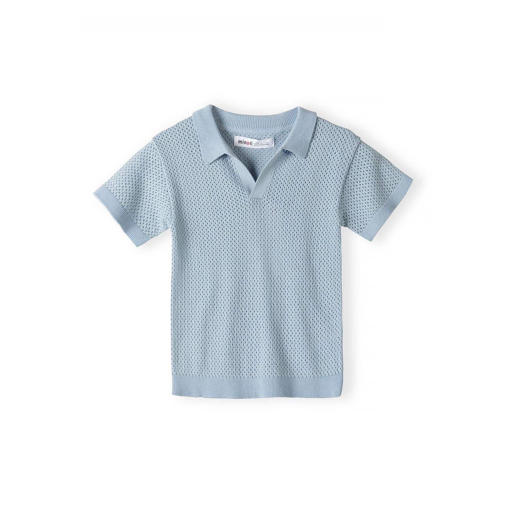 Close-up detail of light blue knitted shorts showing mesh texture, elasticated waistband with drawstring ties