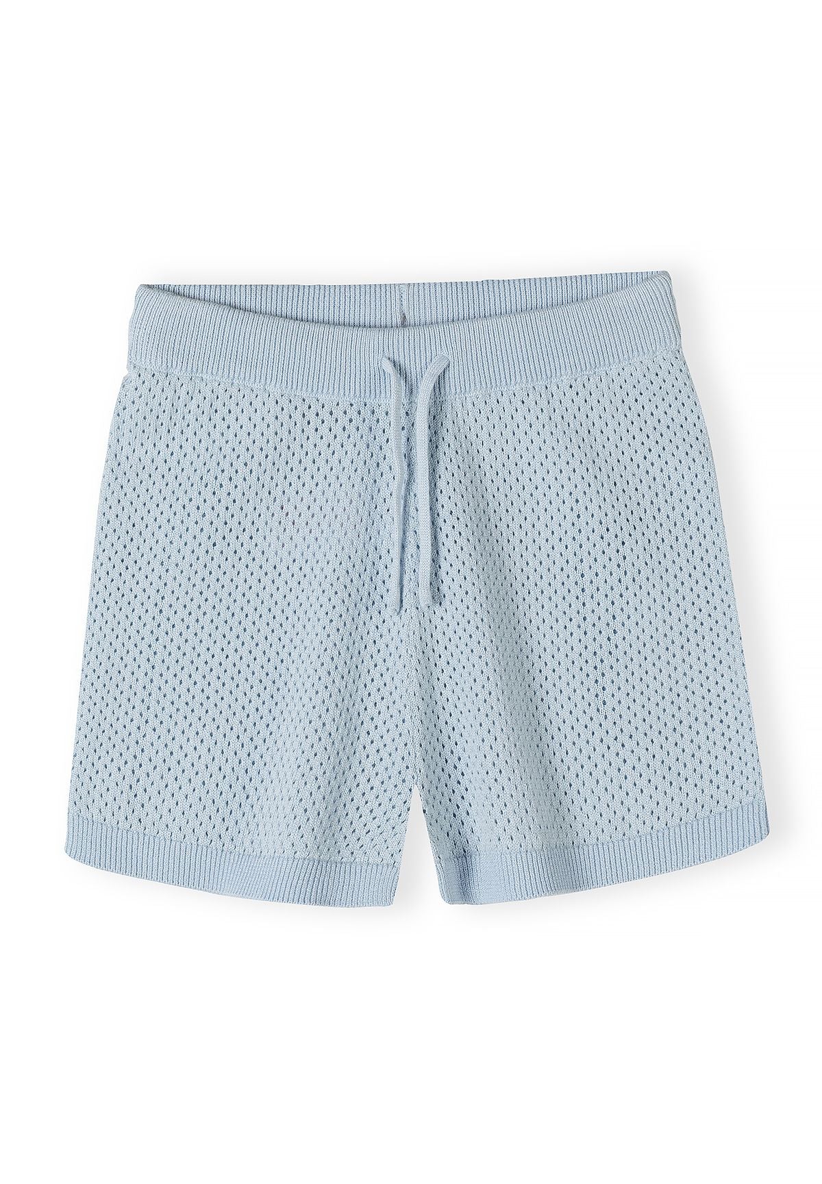 Light blue elastic shorts with drawstring, front view.