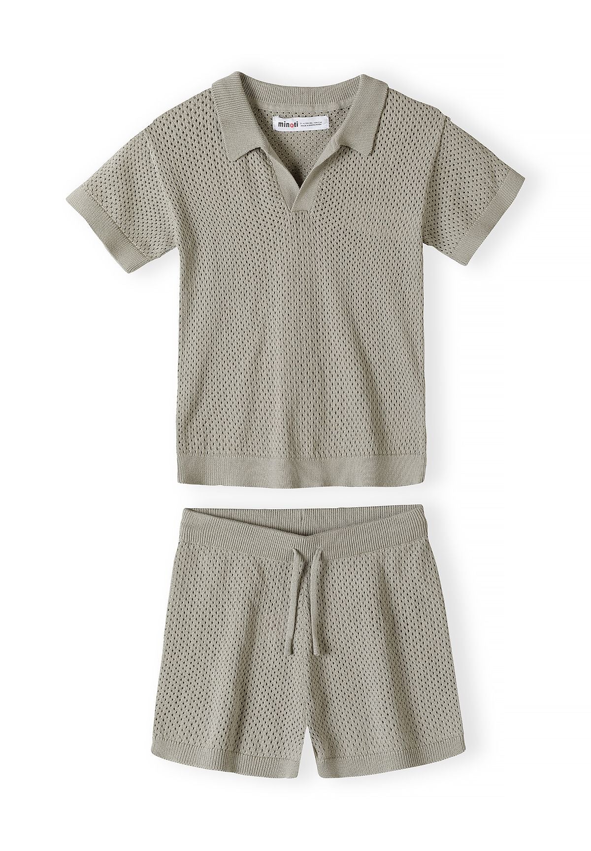 Grey green knitted polo and shorts set, set front.