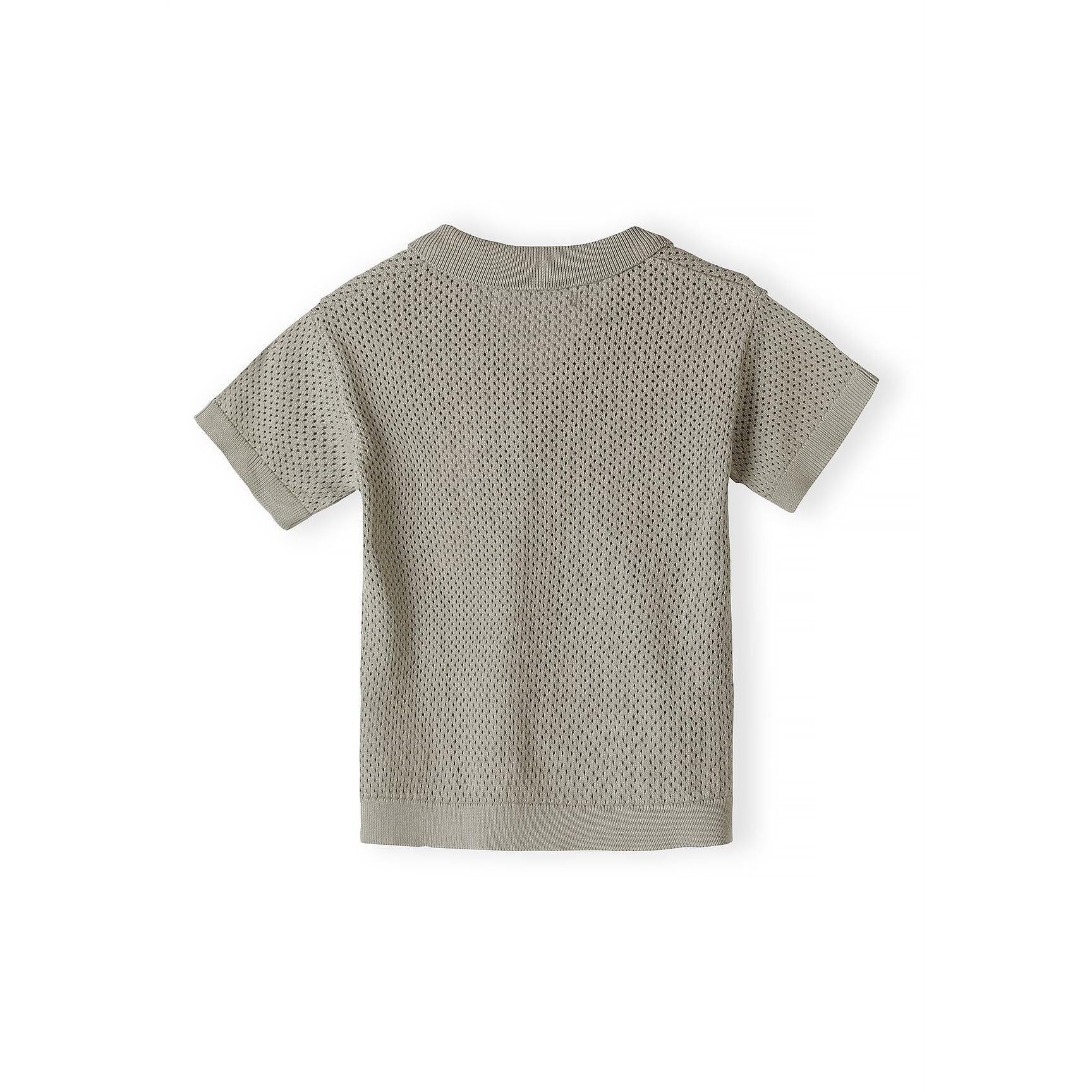 Back view of khaki knitted polo shirt showing textured mesh-like pattern and ribbed neckline on white background