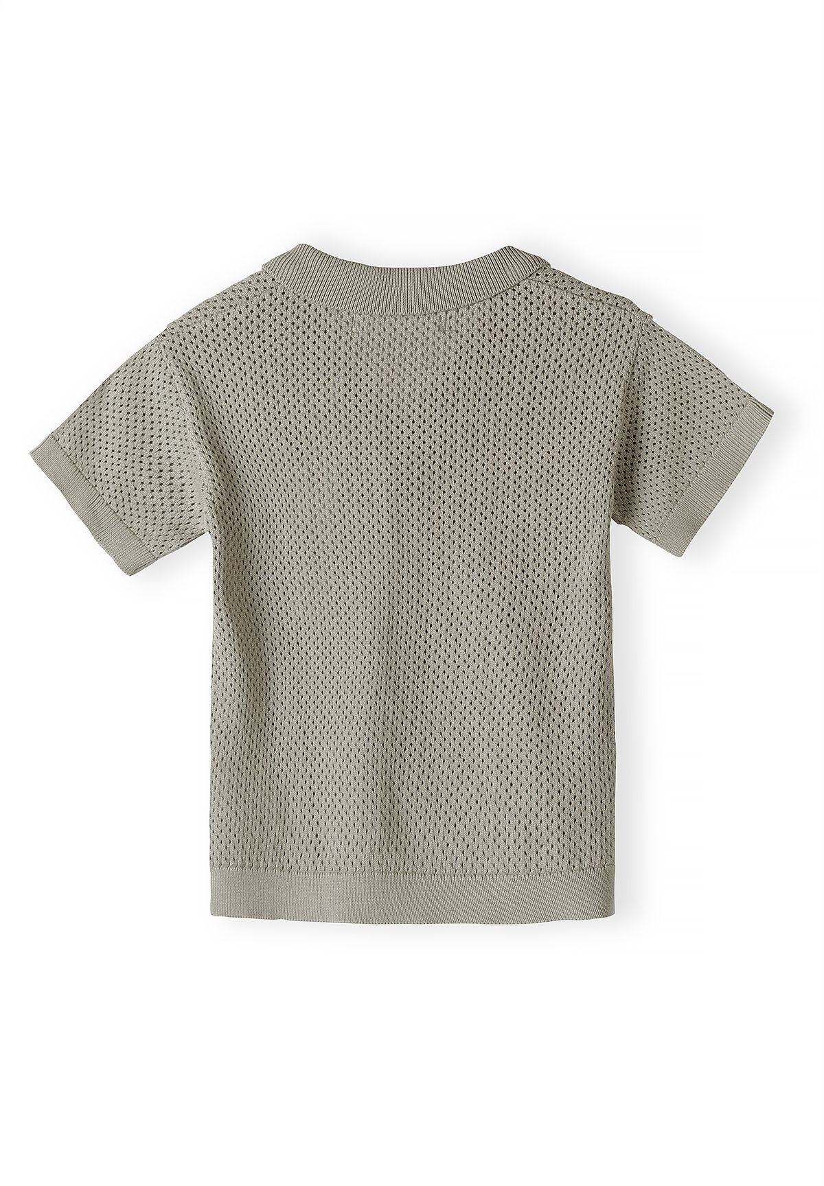 Boys knitted hellkhaki short sleeve top, back view with ribbed collar and short sleeves.