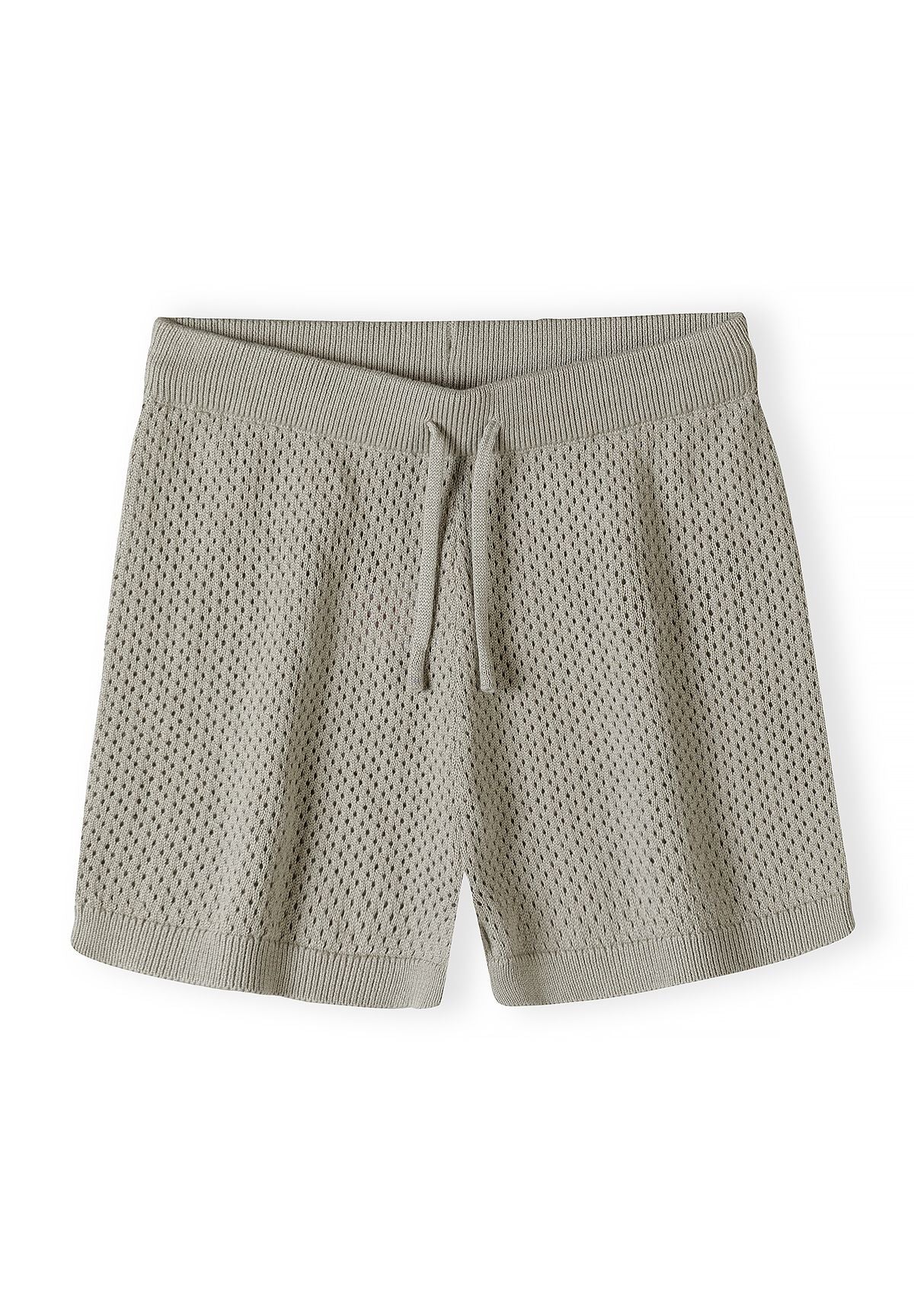 Detail of boys' hellkhaki knitted shorts with elasticated waistband and drawstring.