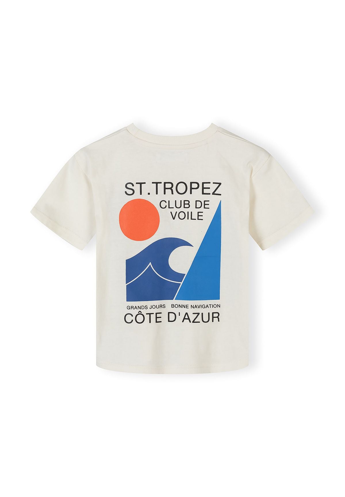 Boys offwhite short sleeve shirt with graphic print, back view.