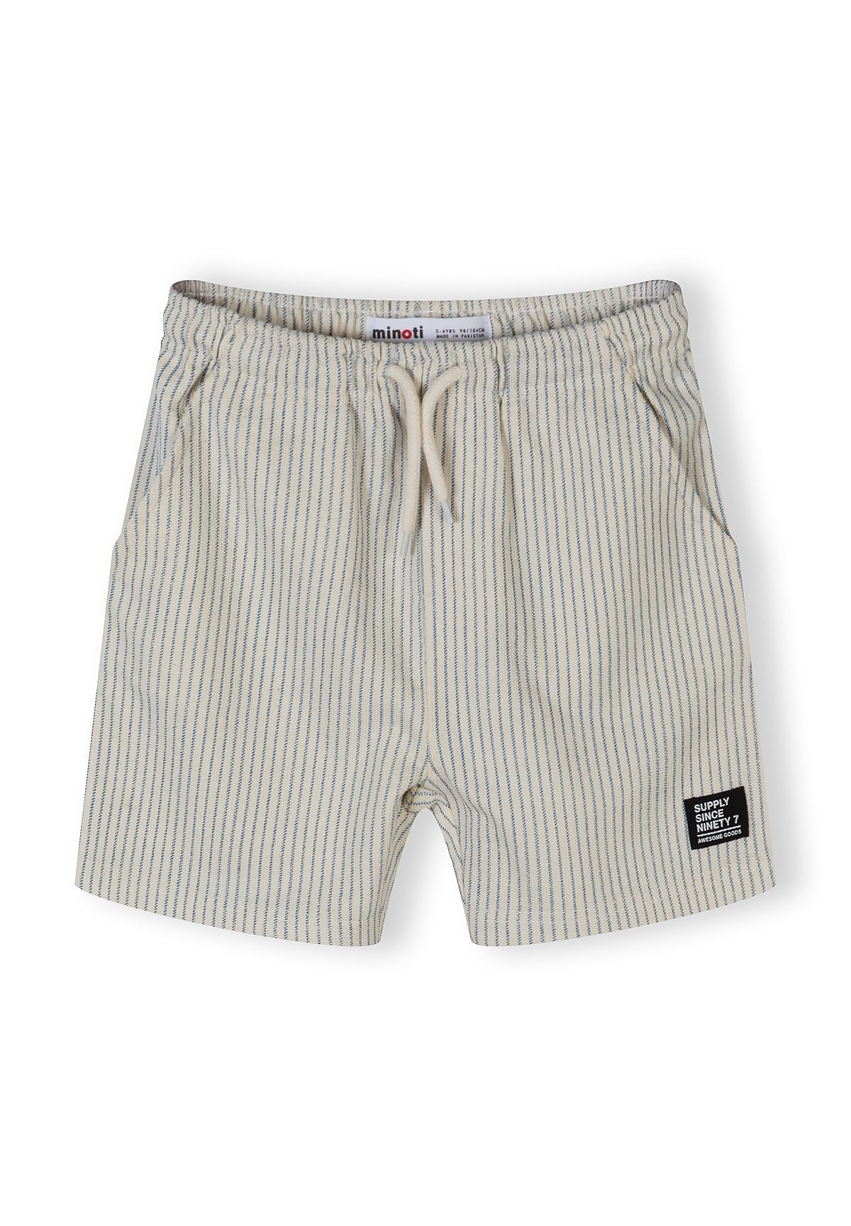 Detail of boys' striped shorts with elastic waistband and logo badge.