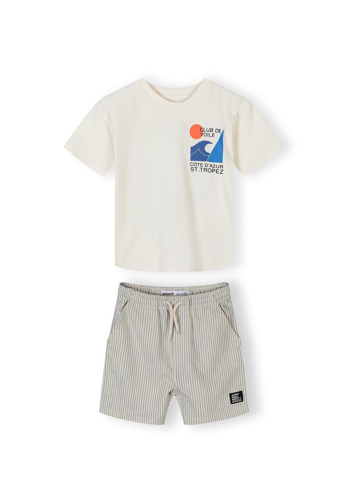 Boys short sleeve shirt in offwhite with striped shorts, featuring a ribbed collar and elastic waistband.