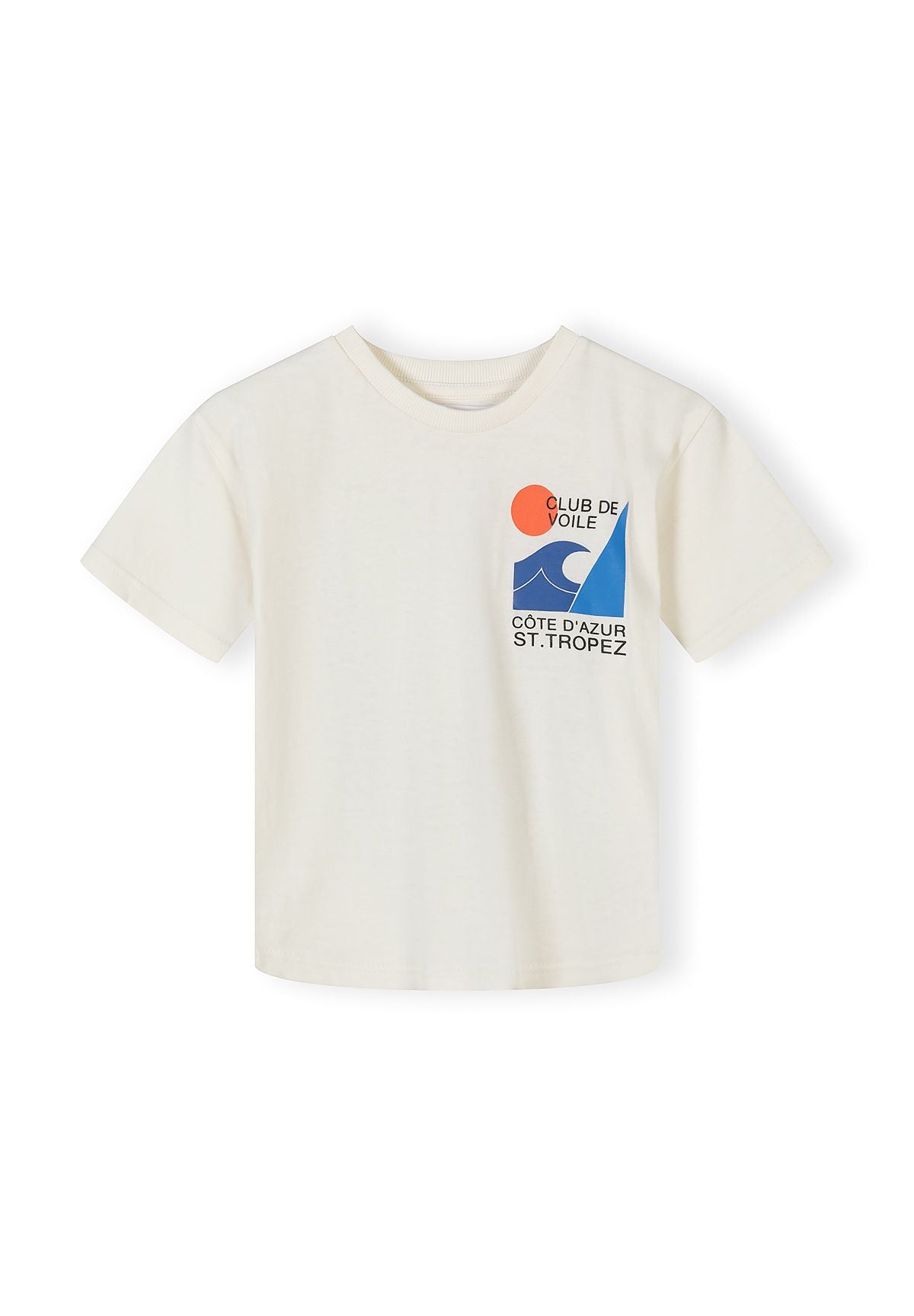 Boys short sleeve offwhite shirt with graphic detail, front view.