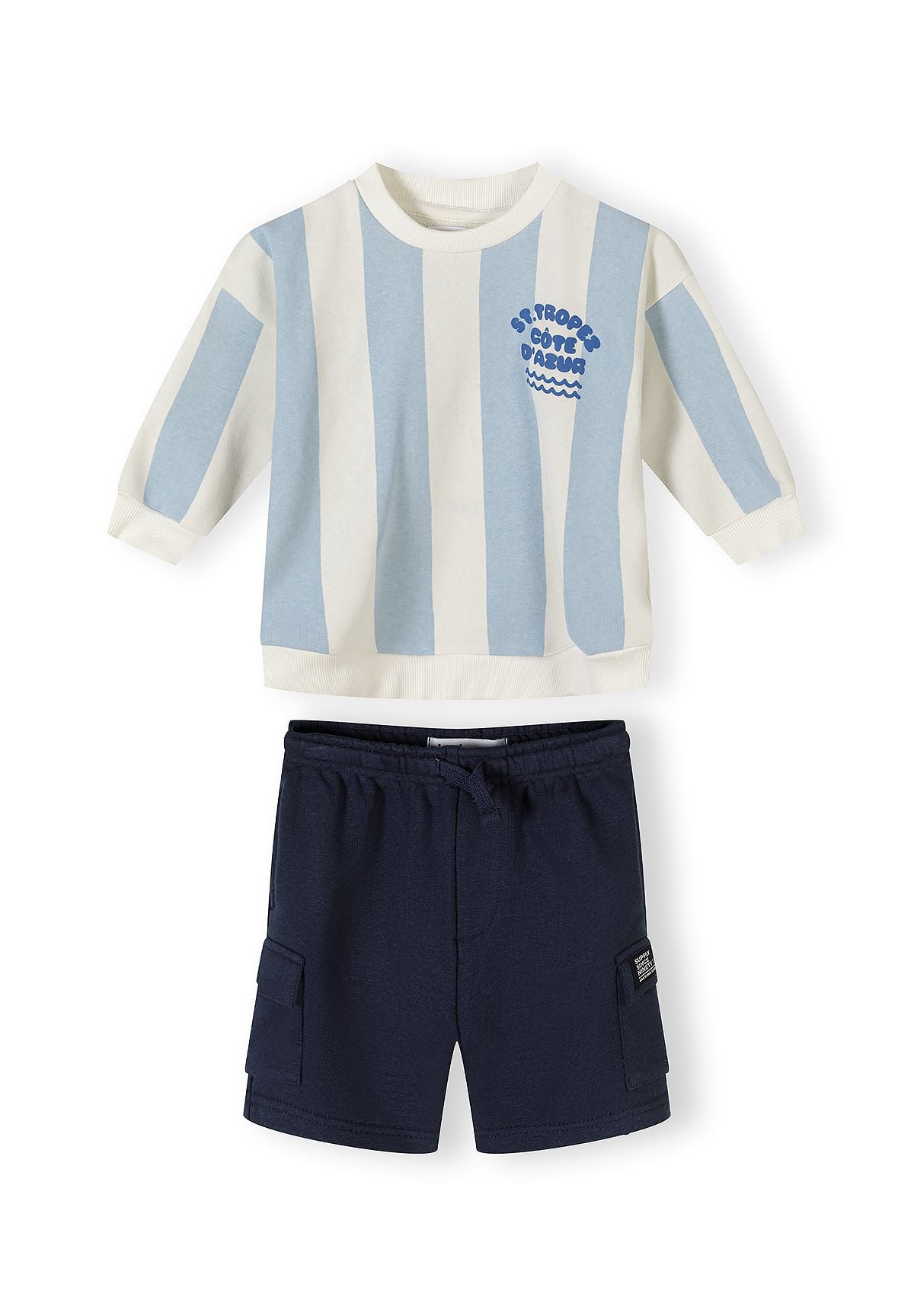 Boys' blue and white striped sweatshirt with ribbed cuffs and navy shorts with pockets.