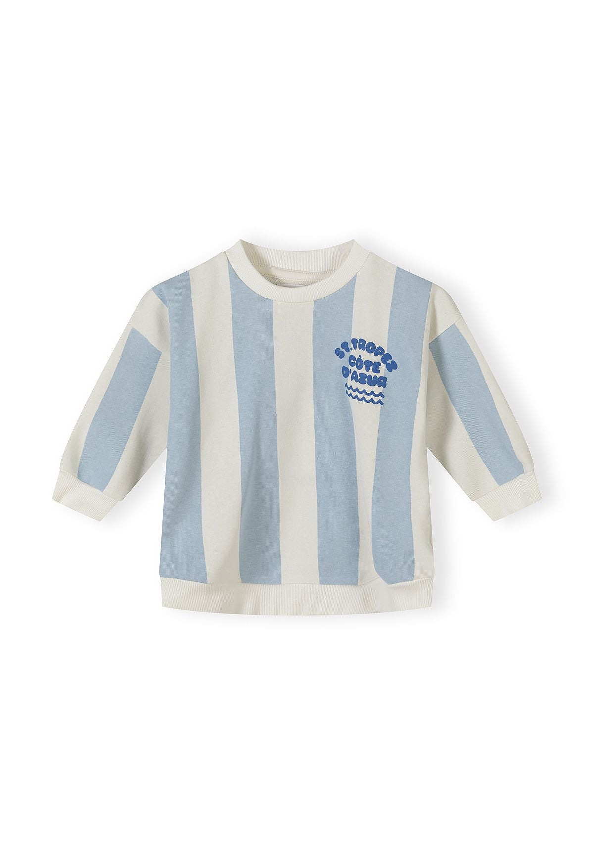 Boys' long-sleeved striped sweatshirt in blue and white with ribbed cuffs and crew neckline.