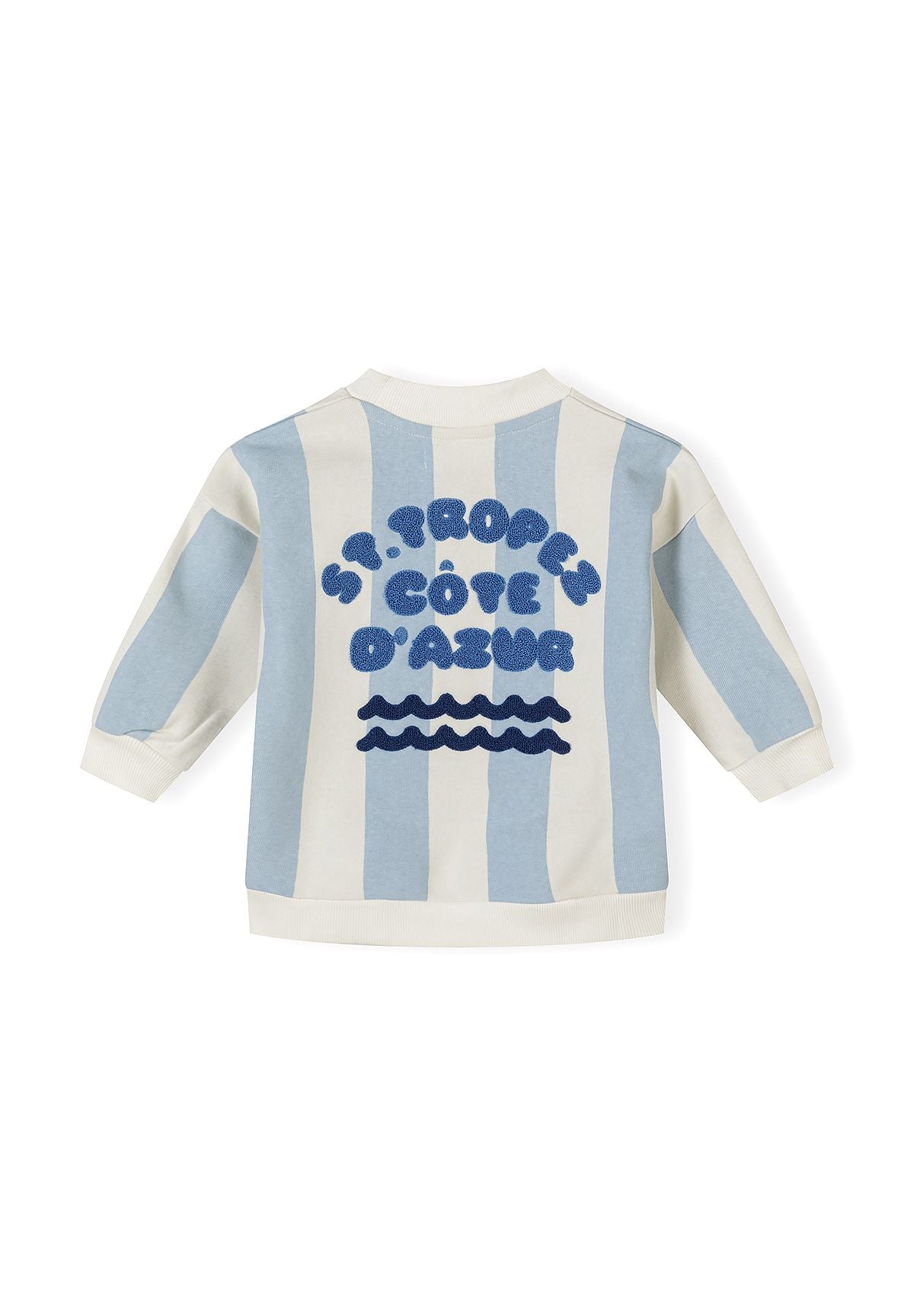 Boys' blue and white striped sweatshirt, back view, features logo detail.