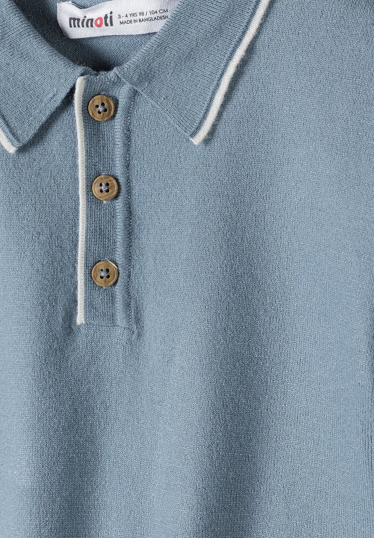 Close-up of dusty blue polo's three brown buttons and white-edged collar and placket.