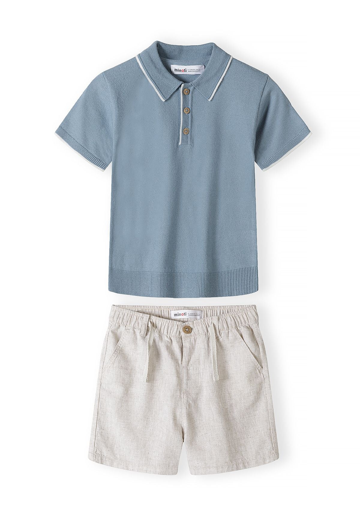 Light blue knitted polo shirt with beige shorts set, front view, features buttons and elastic waistband.