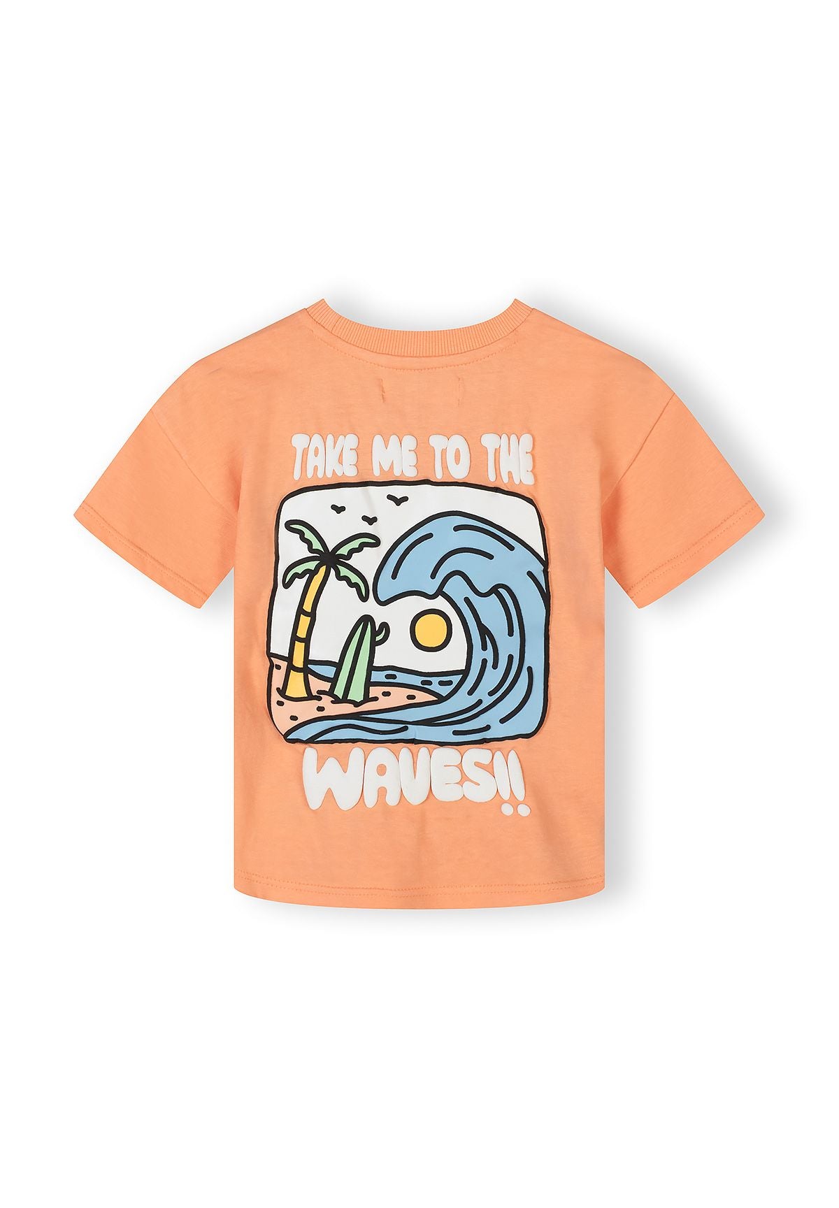 Boys short-sleeved cotton t-shirt in apricot with a wave graphic.