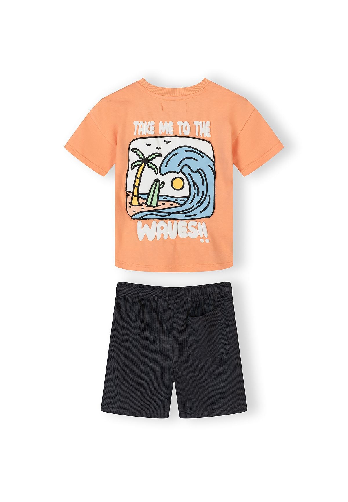Boys' short-sleeved t-shirt in apricot with graphic and waffle shorts in gunmetal, front view.