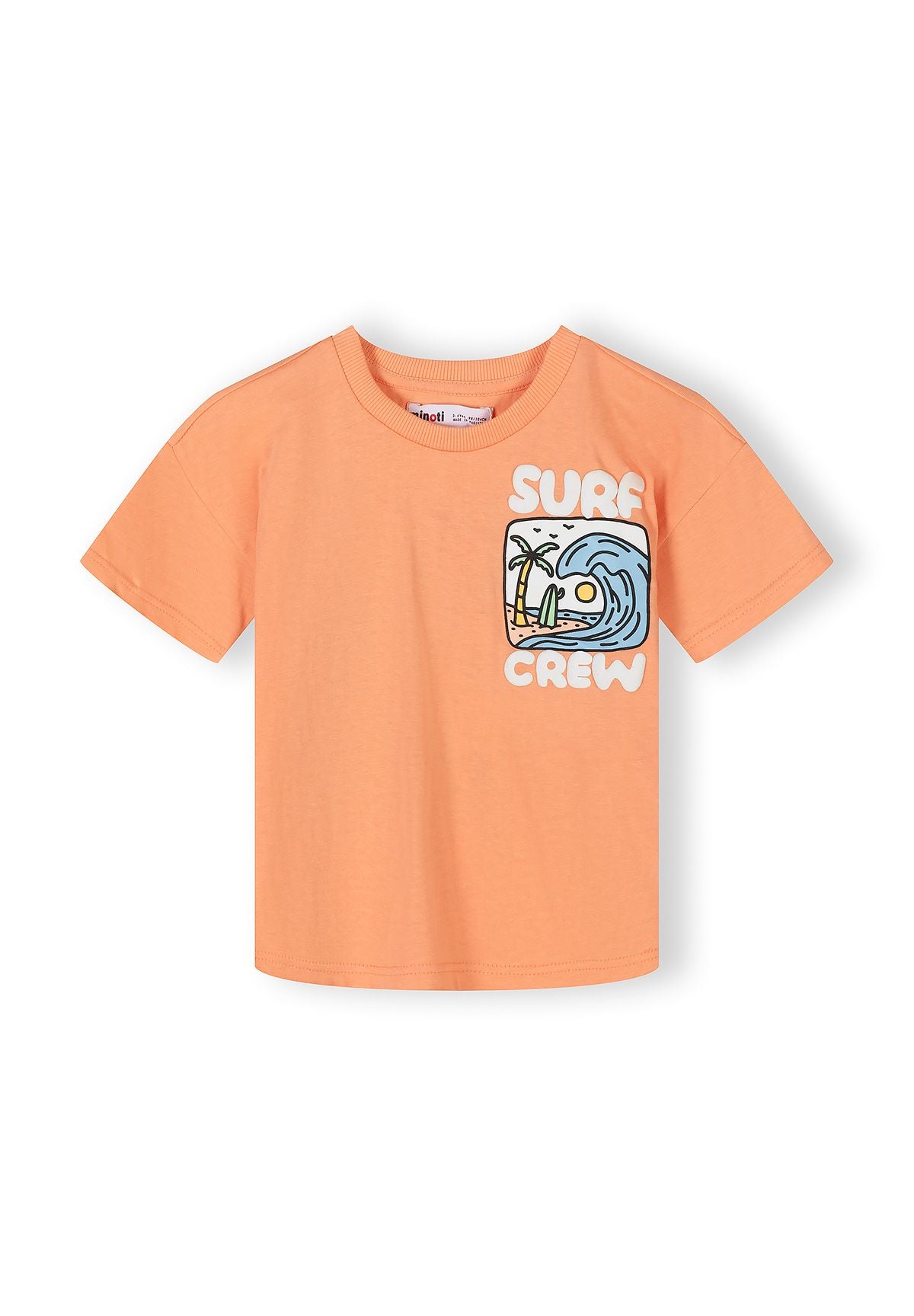 Boys short-sleeved cotton t-shirt in apricot with surf graphic.