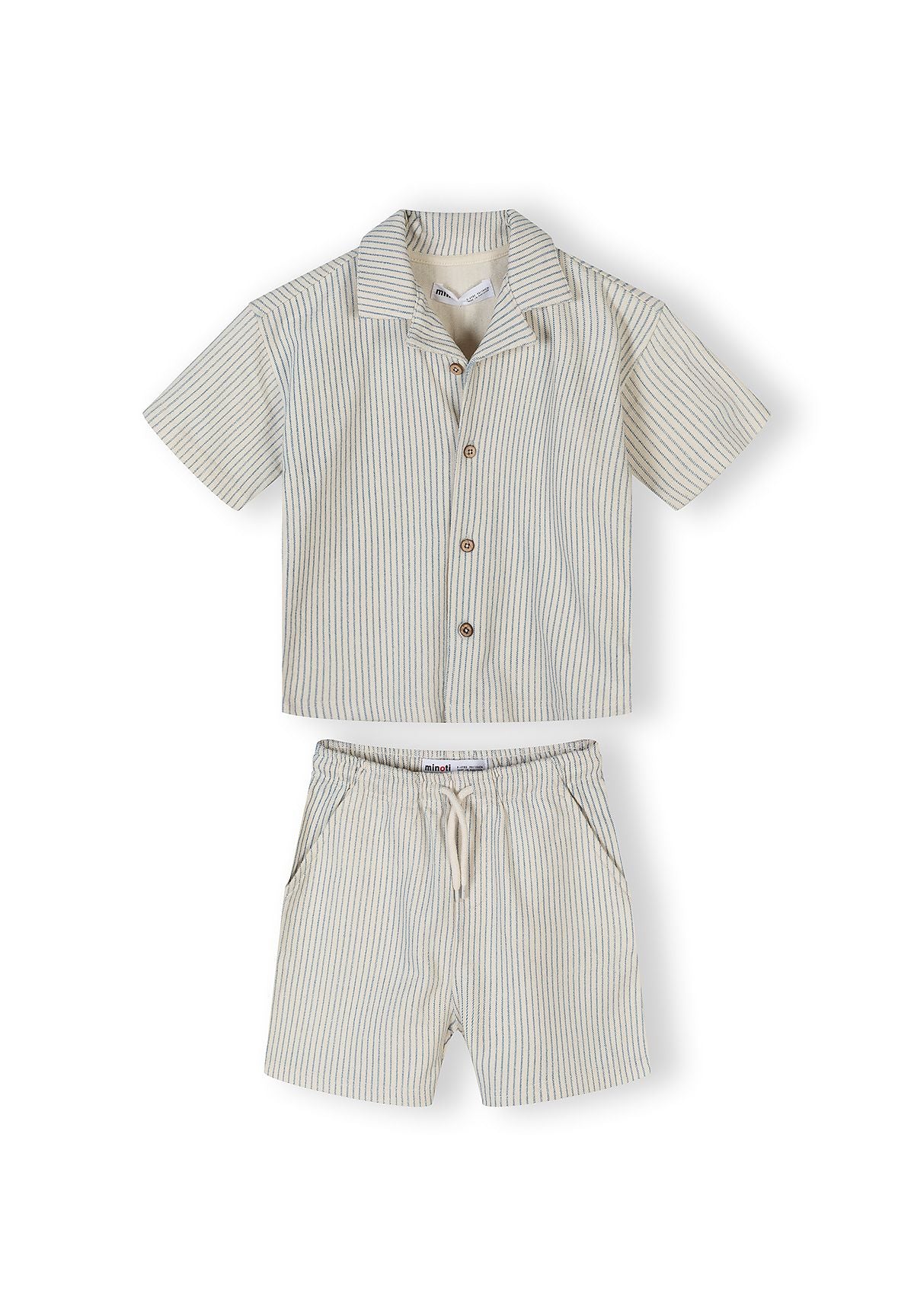Boys striped short sleeve shirt with buttons and shorts with elasticated waist, detail view.