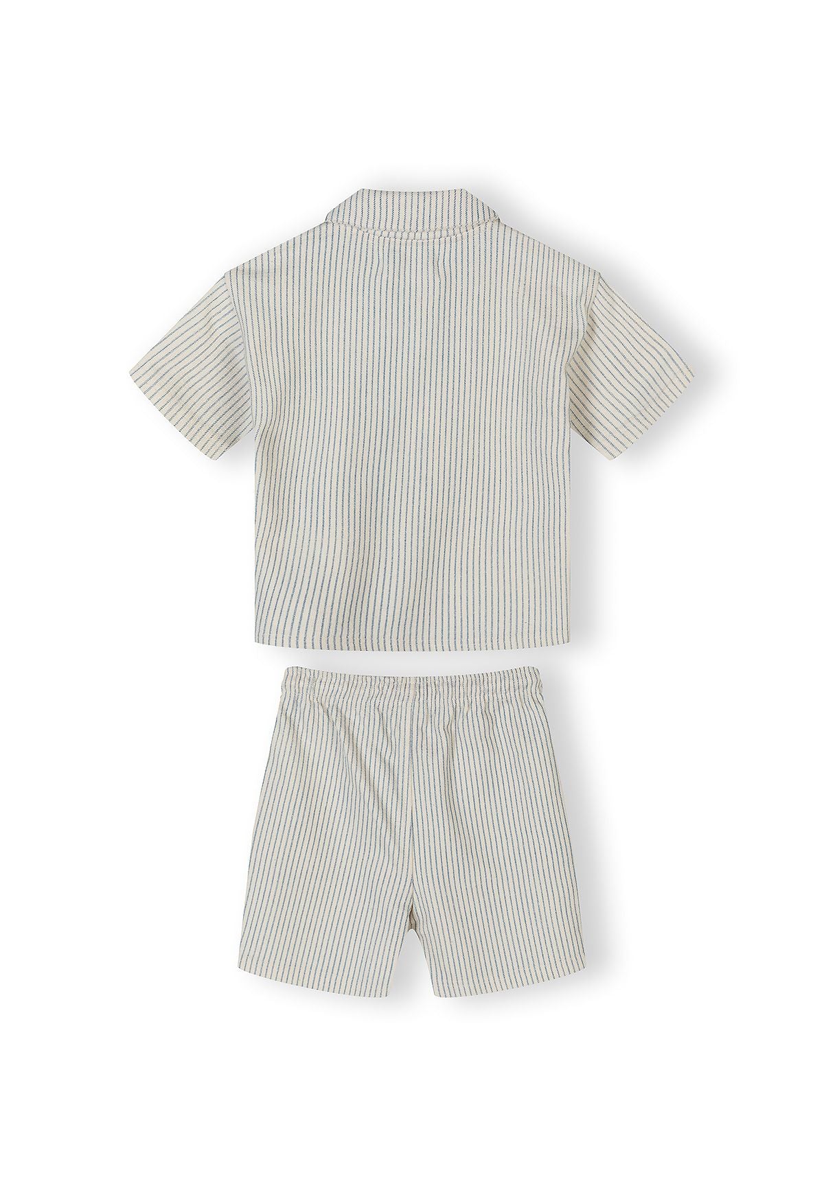 Boys' offwhite striped short sleeve shirt and shorts set, back view, features a classic collar and elasticated waist.