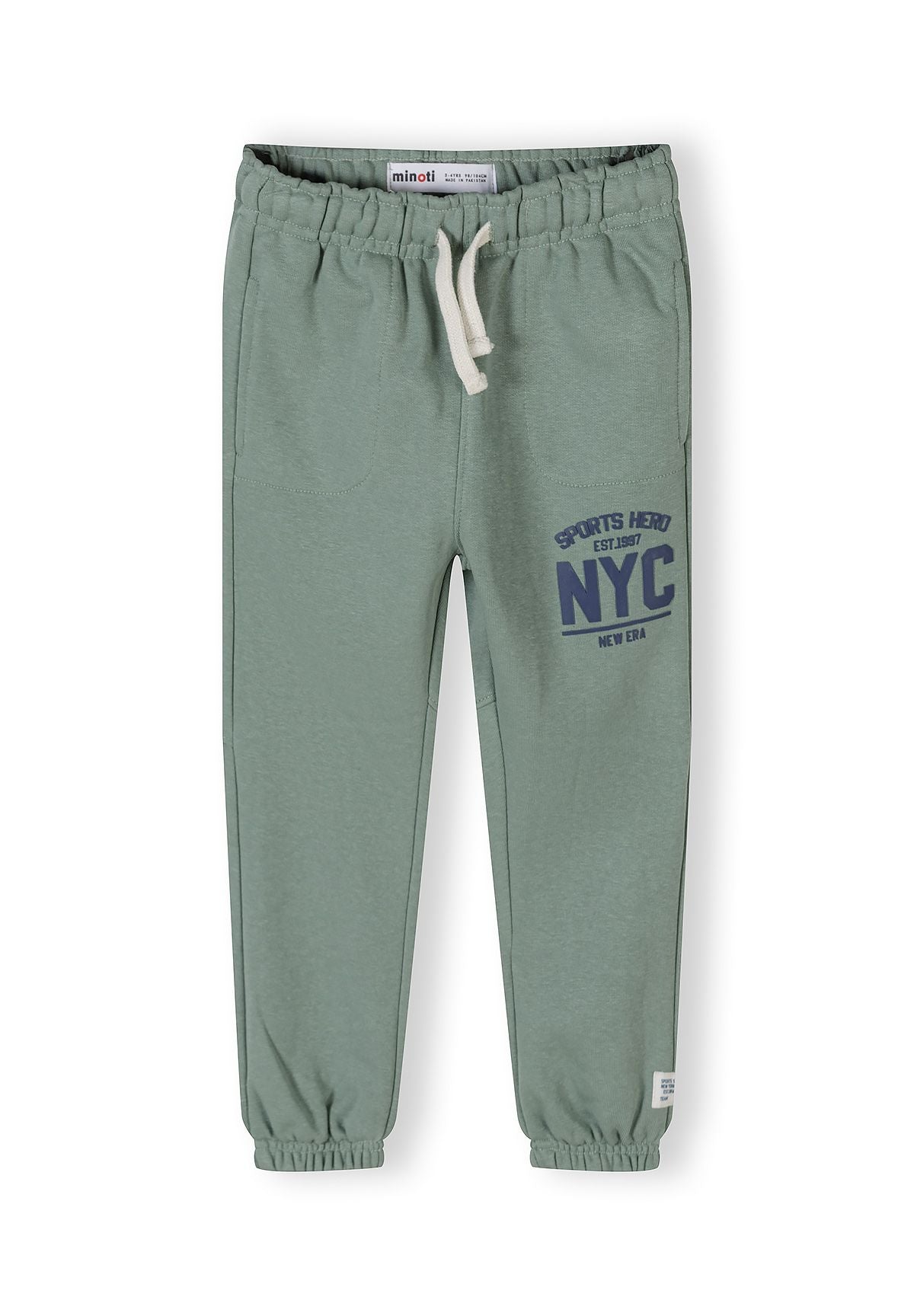 Teal joggers with elasticated waistband and ribbed cuffs, front view.