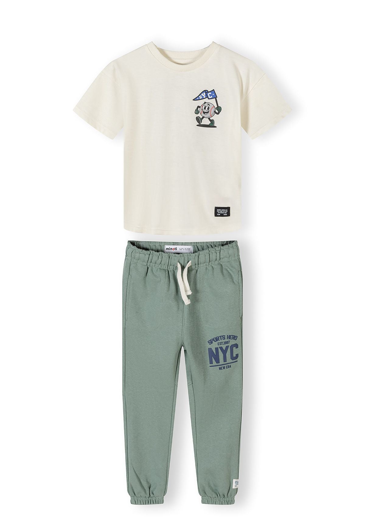 Boys' off-white graphic t-shirt with teal joggers set, featuring crew neck and elasticated waistband.