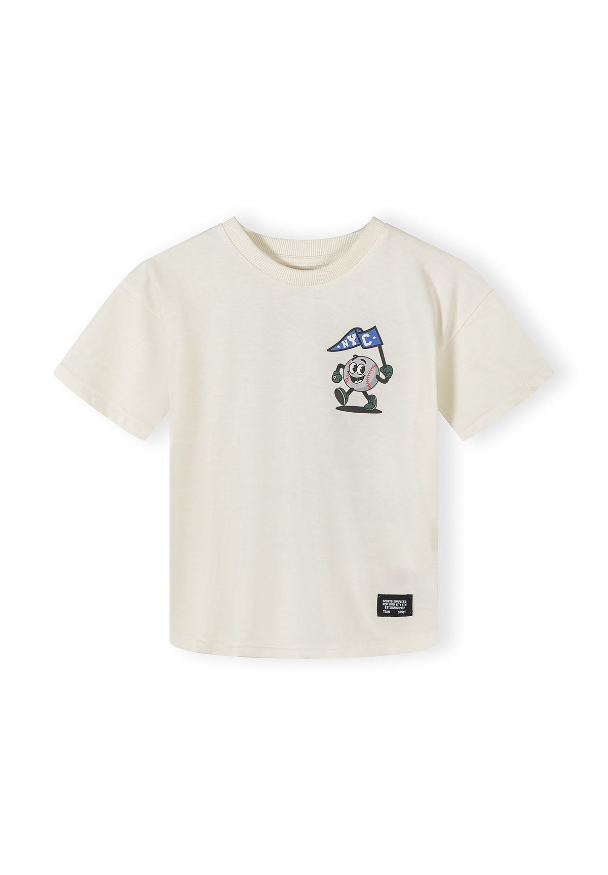 Boys' off-white graphic t-shirt with crew neck and logo detail, front view.
