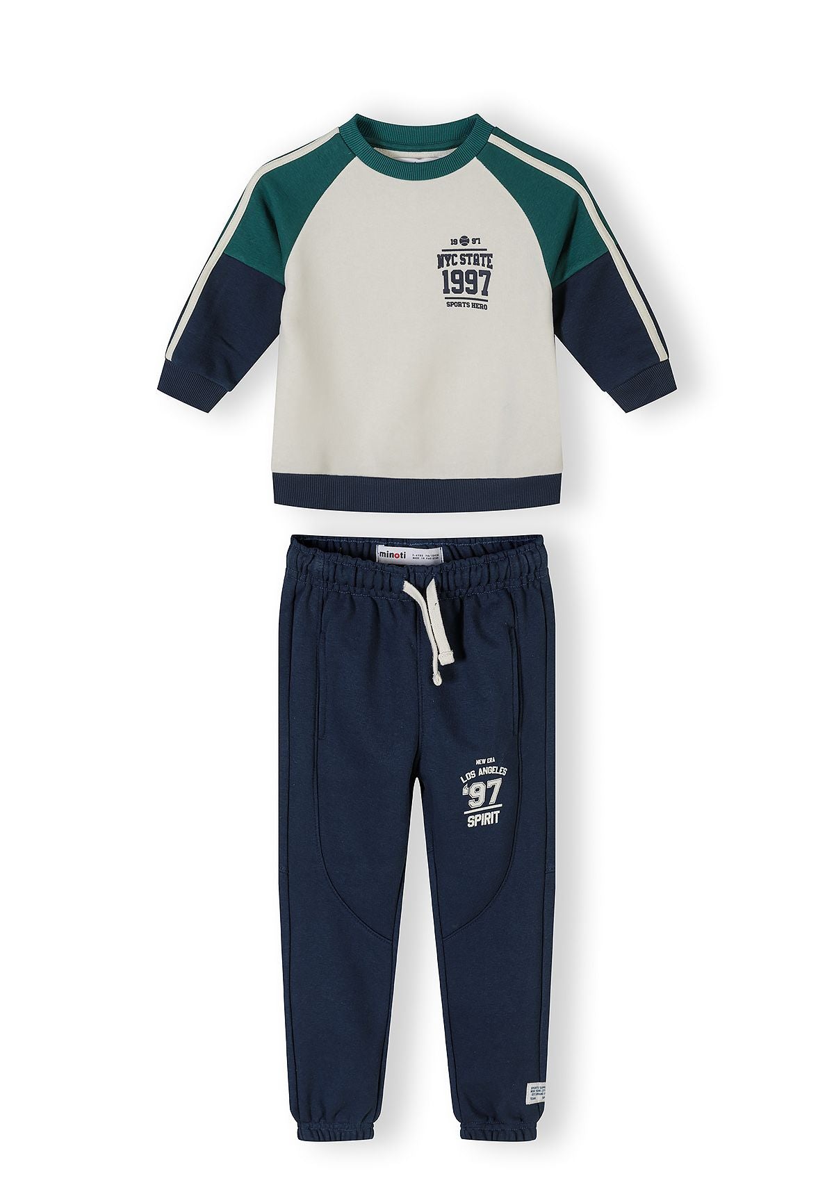 Cream, navy and green sweatshirt and joggers set, full set front.