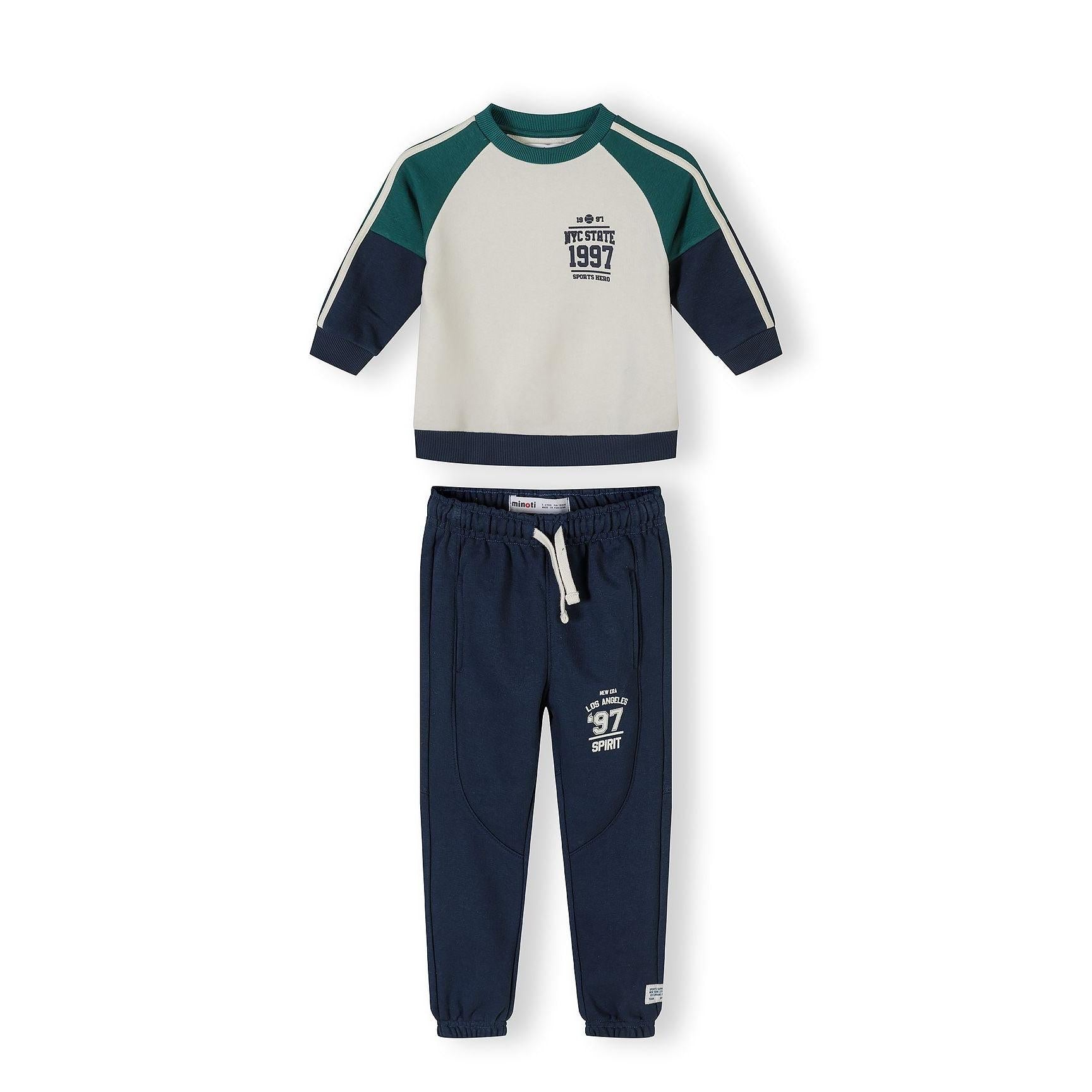 Back view of tracksuit sweatshirt laid flat showing green raglan sleeves and navy body with white stripe detailing on neutral background